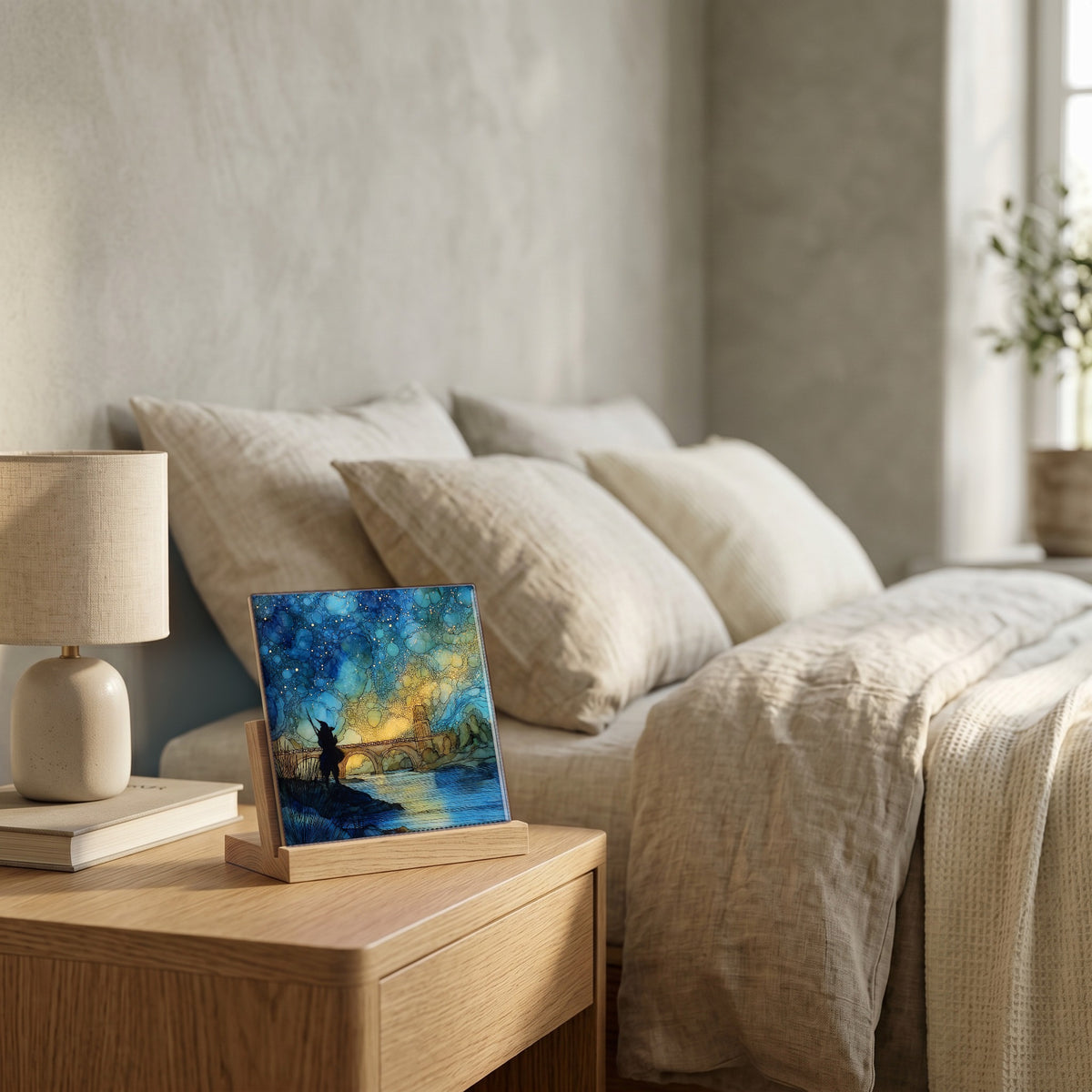 On the nightstand, catching the morning.