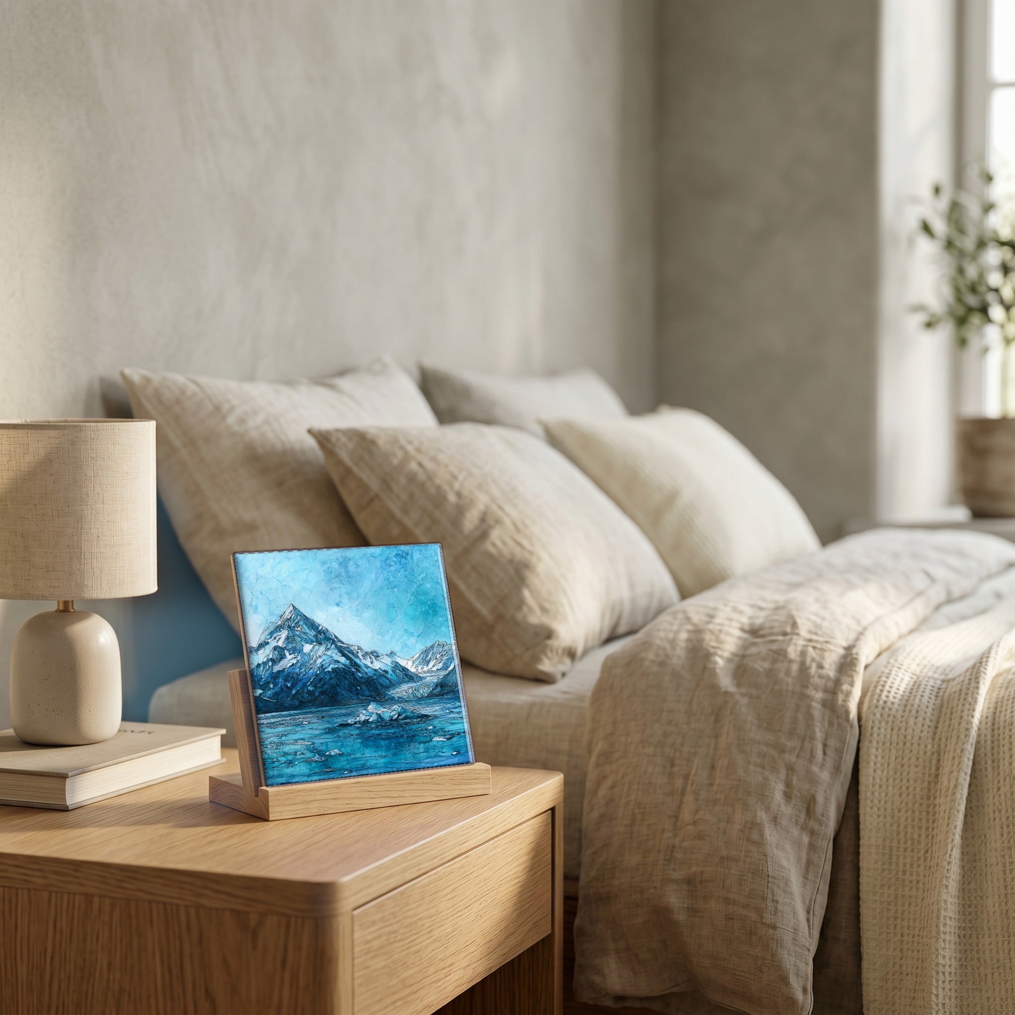 On the nightstand, catching the morning.