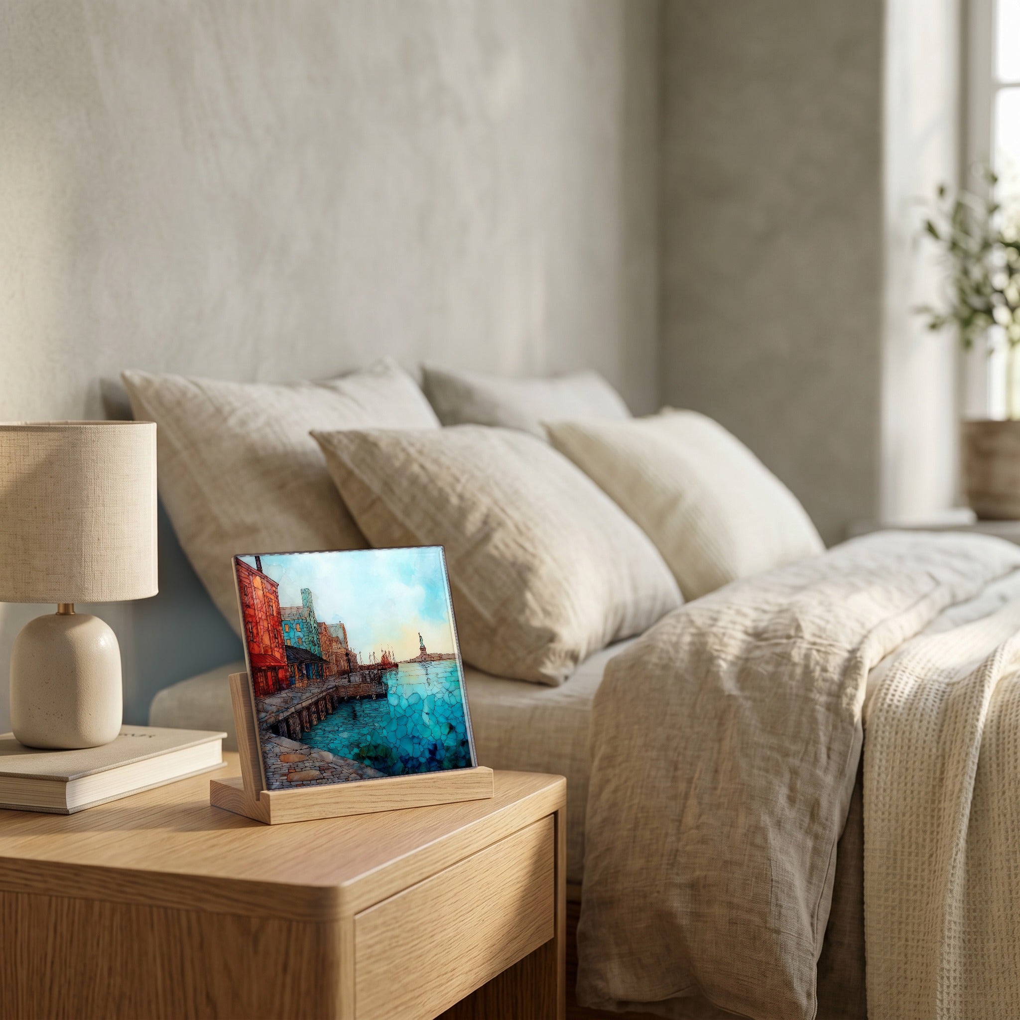 On the nightstand, catching the morning.