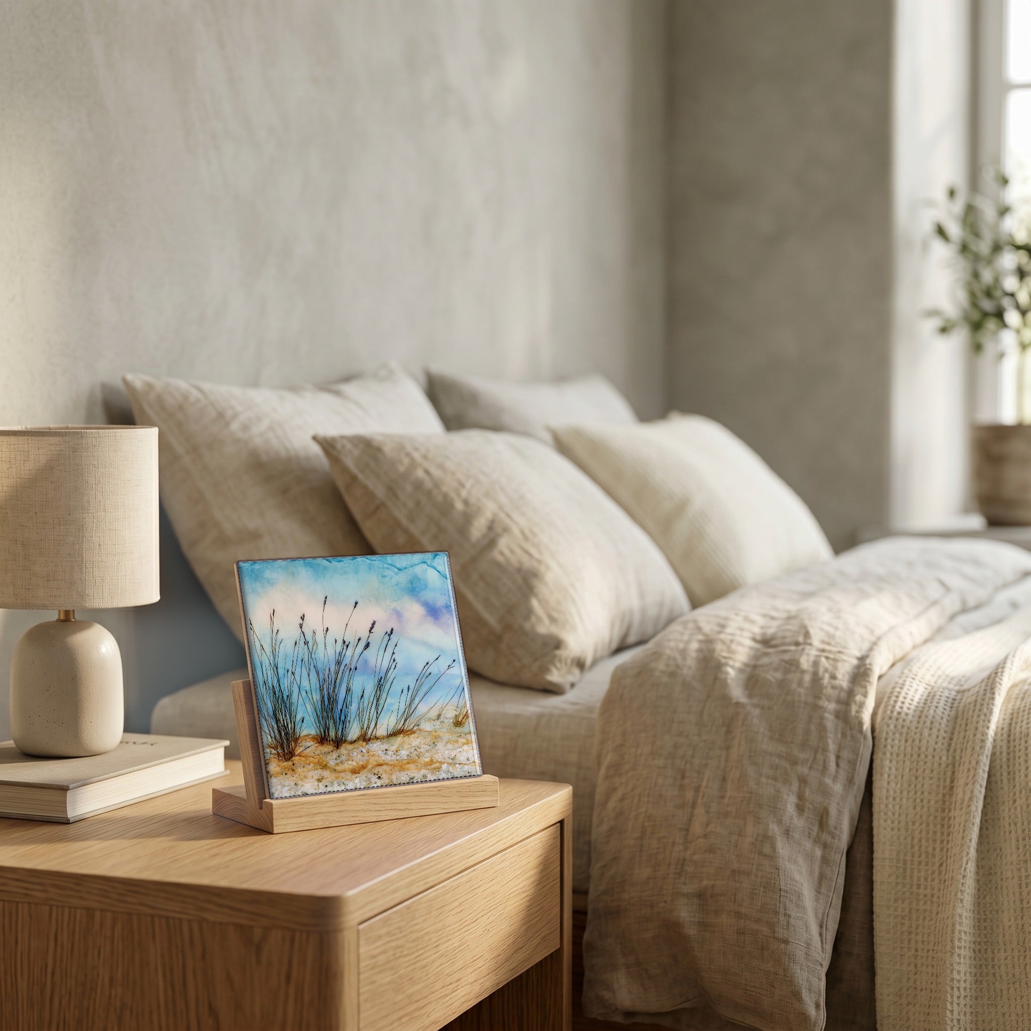 On the nightstand, catching the morning.