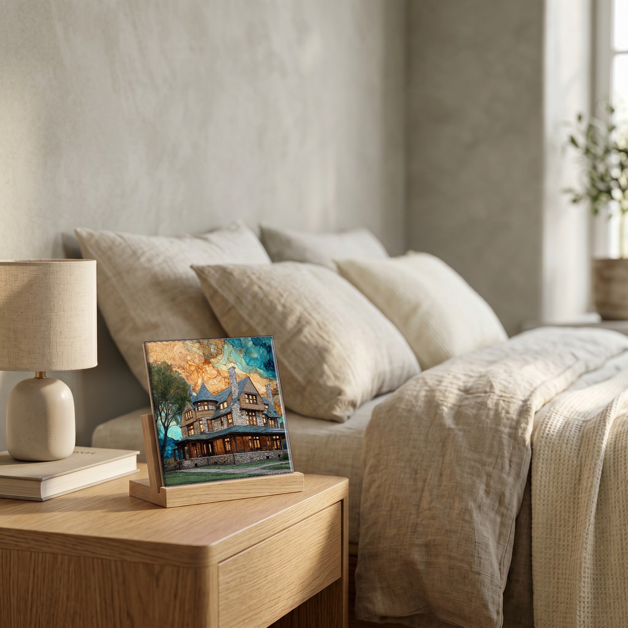 On the nightstand, catching the morning.