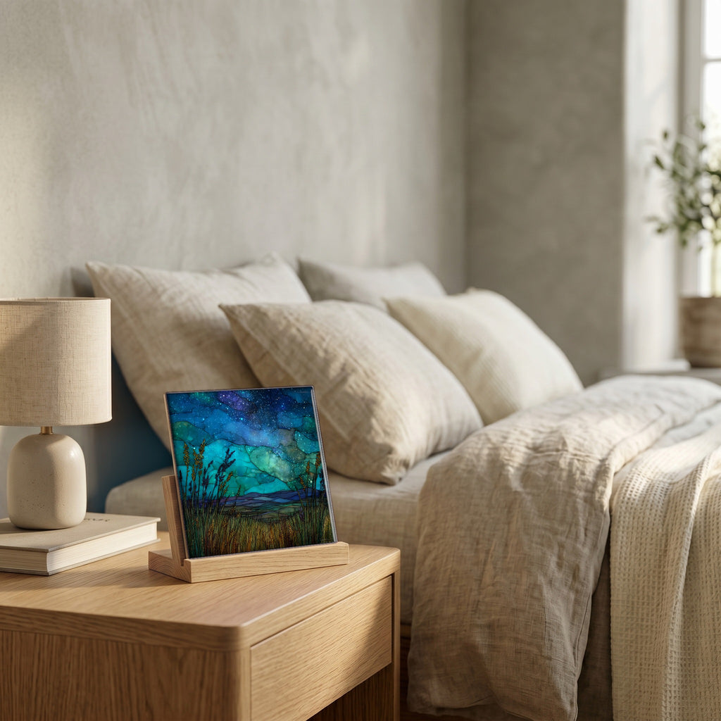On the nightstand, catching the morning.