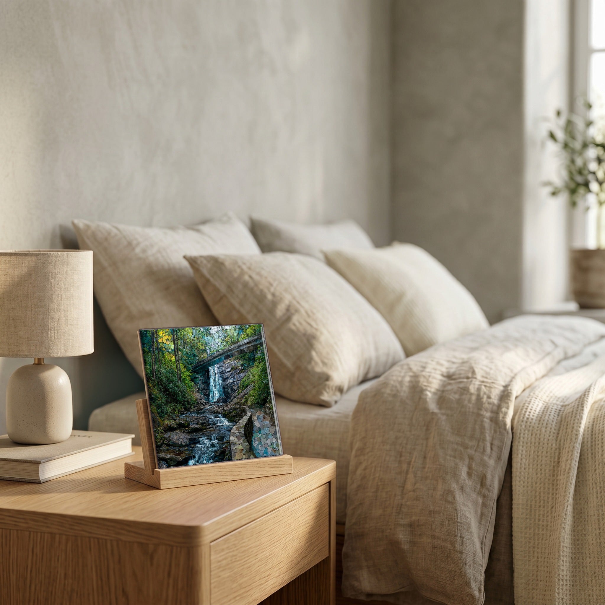 On the nightstand, catching the morning.