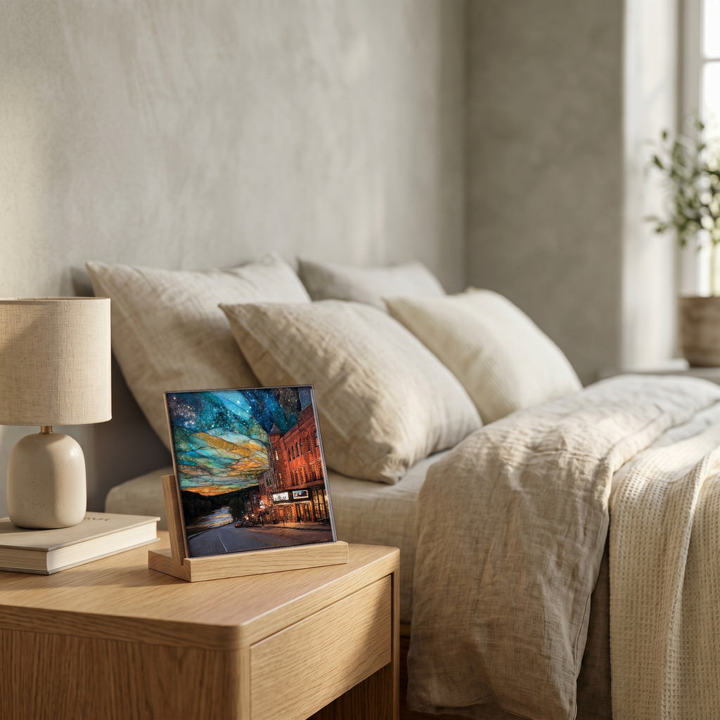 On the nightstand, catching the morning.
