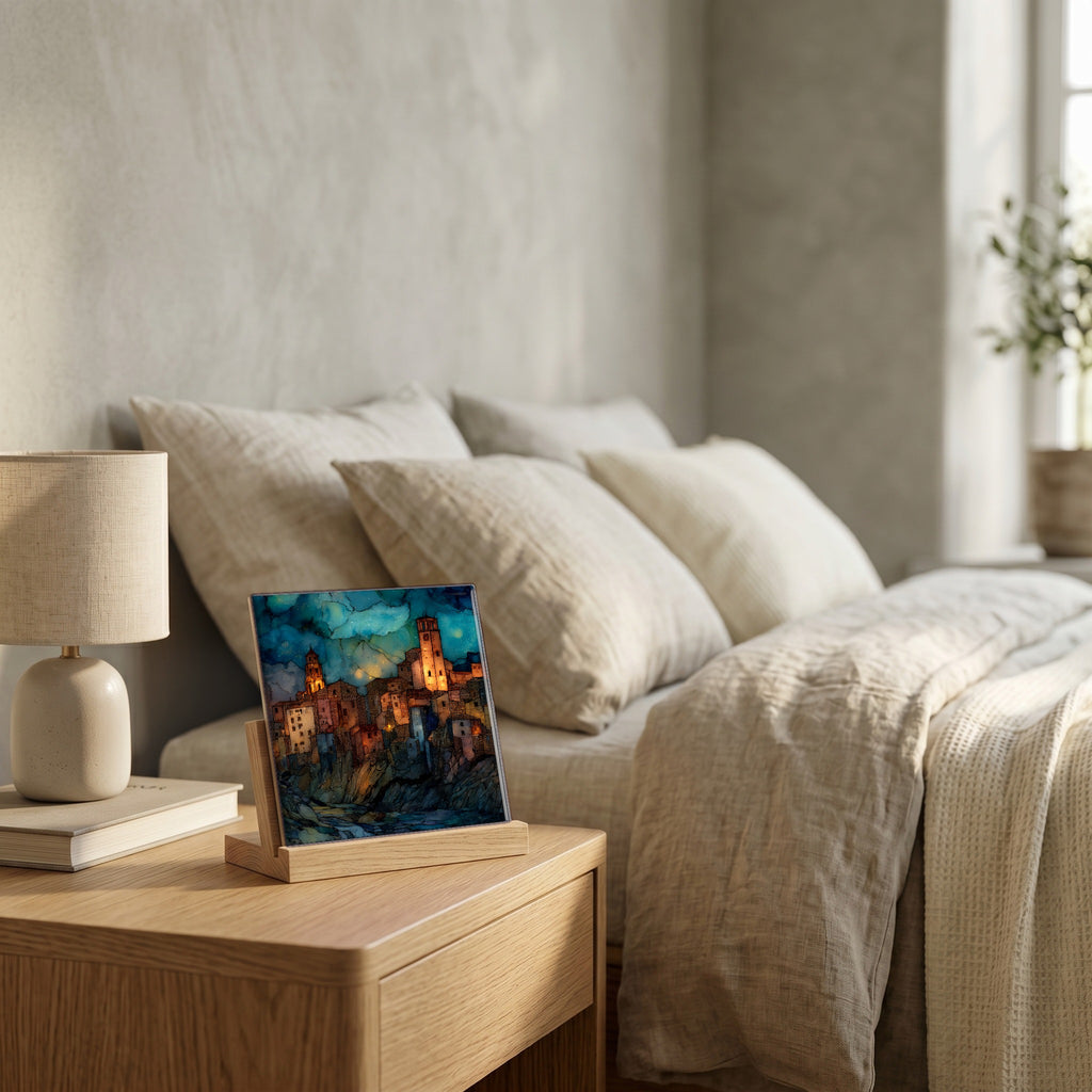 On the nightstand, catching the morning.