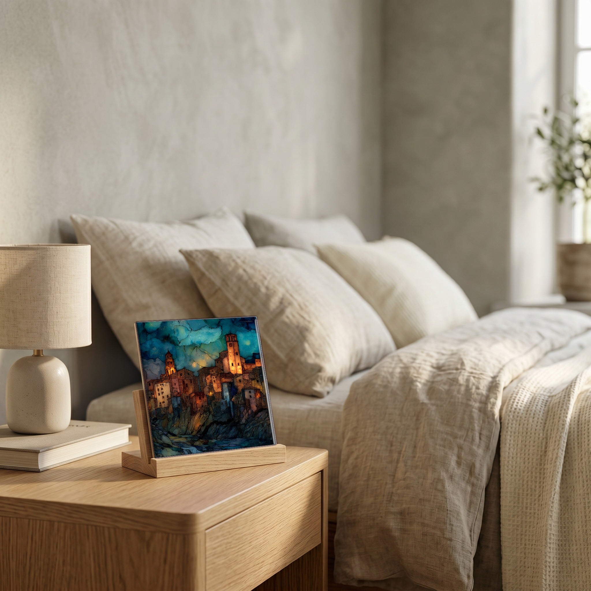 On the nightstand, catching the morning.