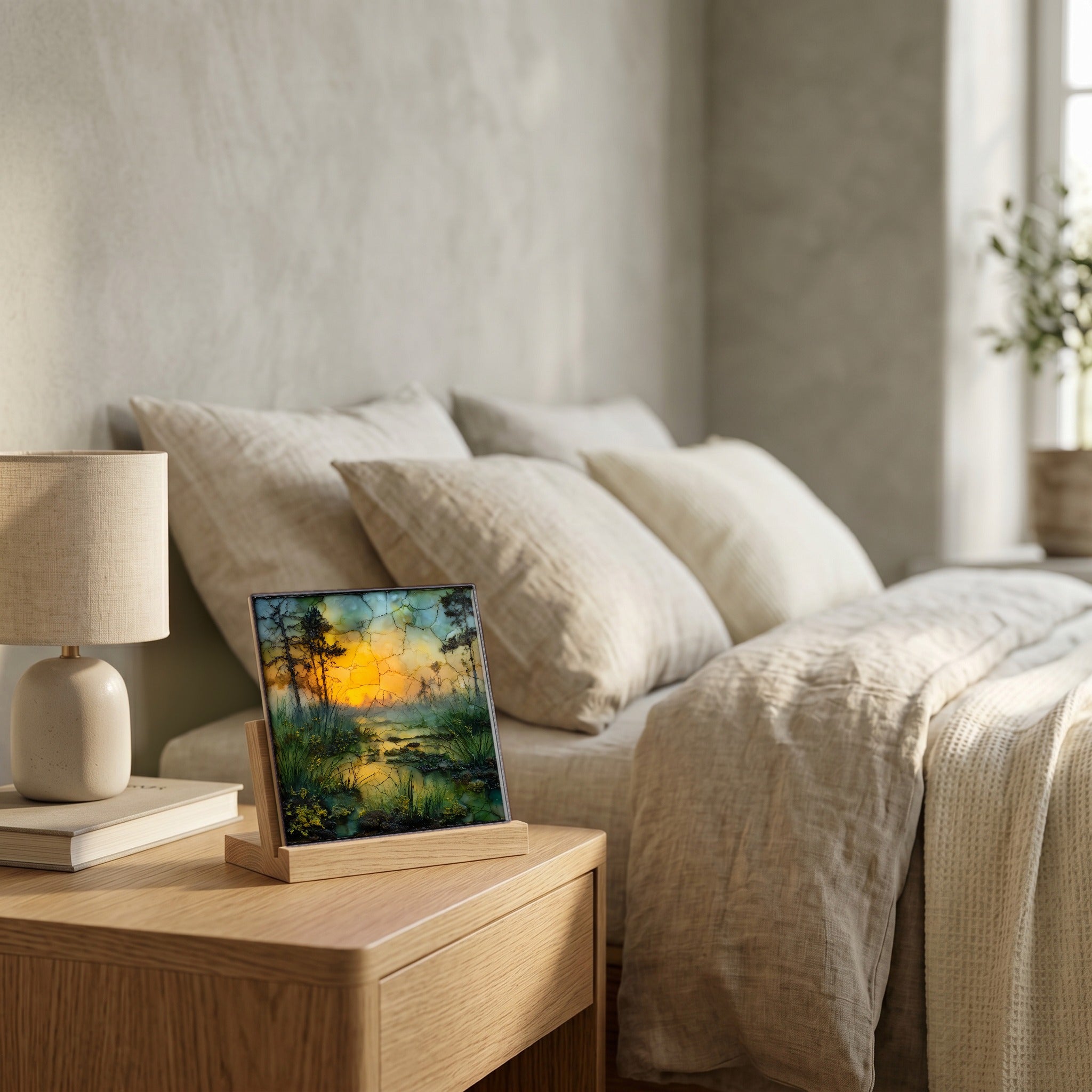 On the nightstand, catching the morning.