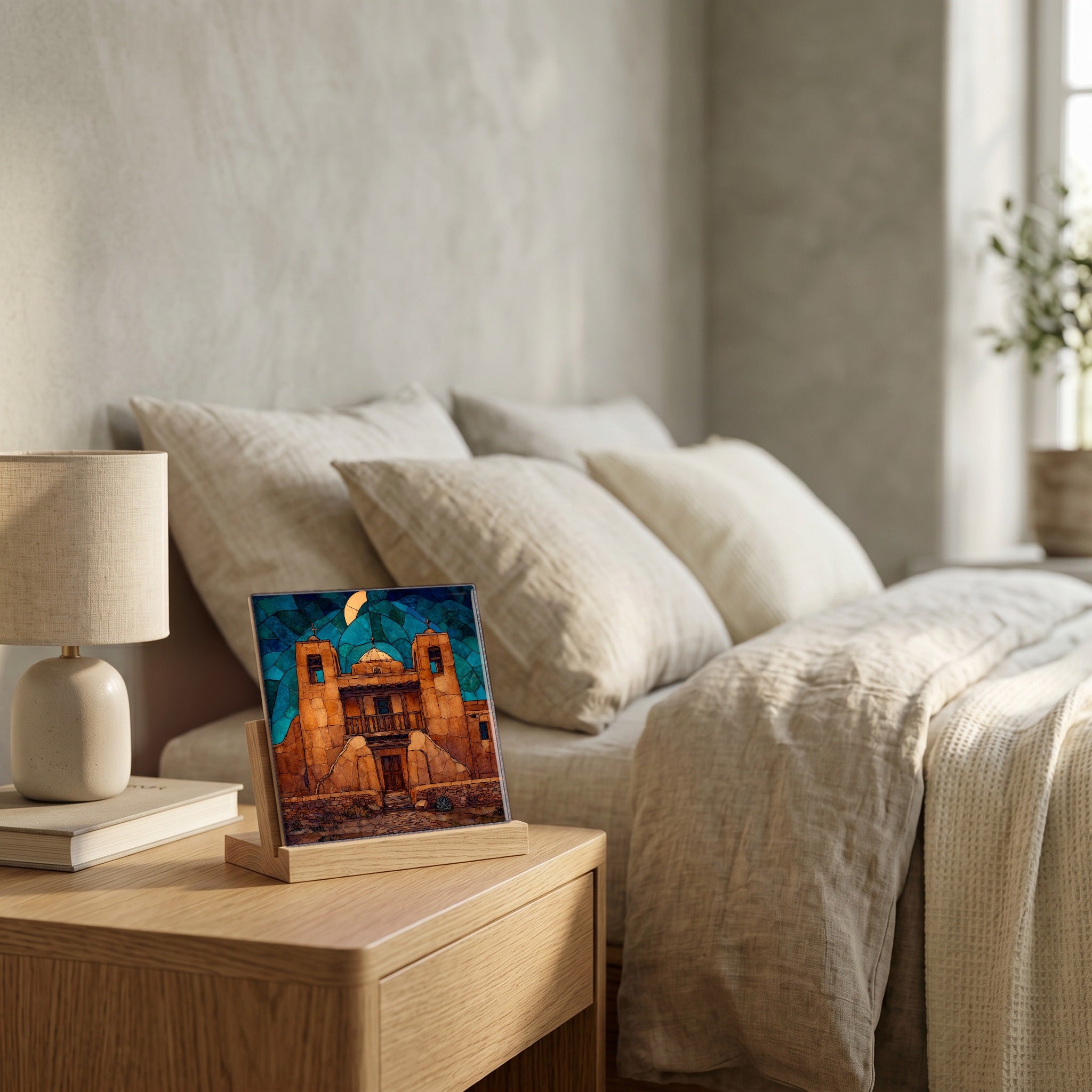 On the nightstand, catching the morning.