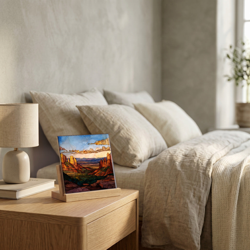 On the nightstand, catching the morning.