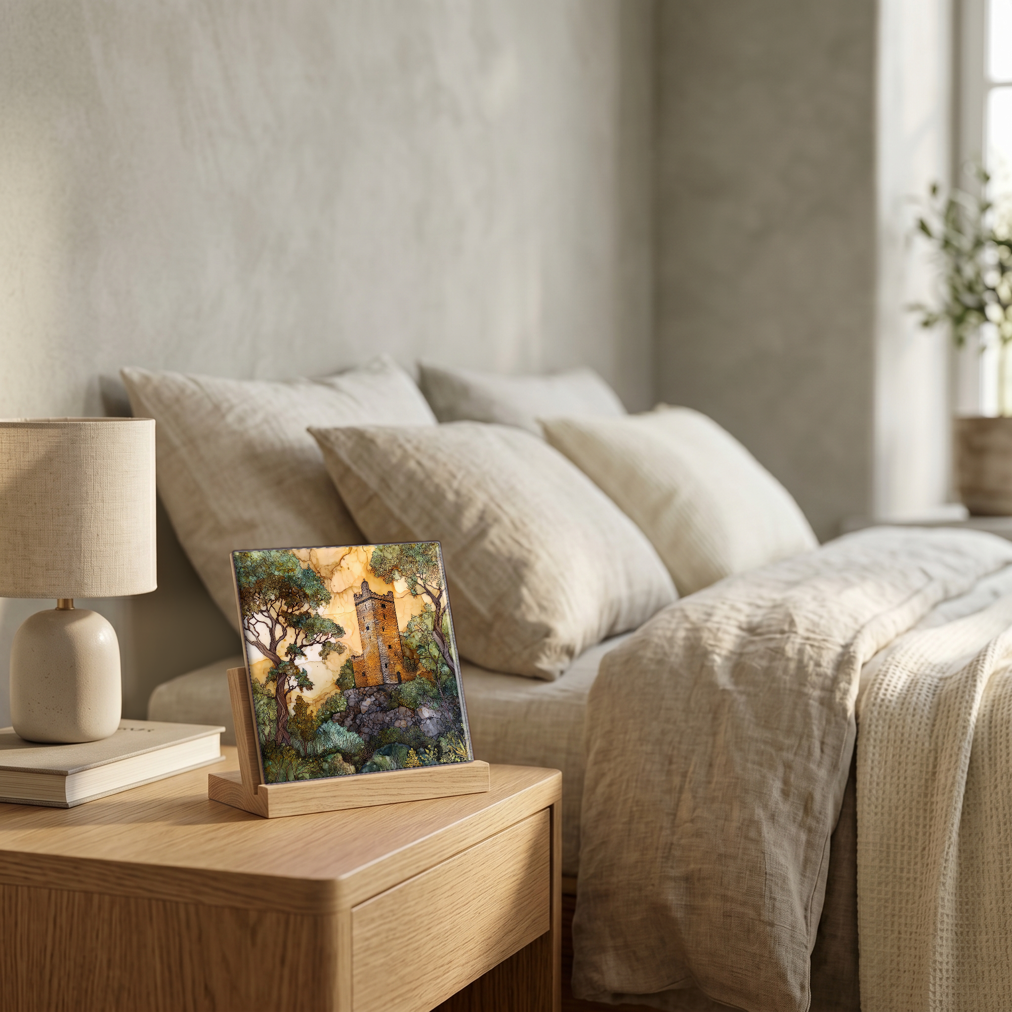 On the nightstand, on a light oak stand.