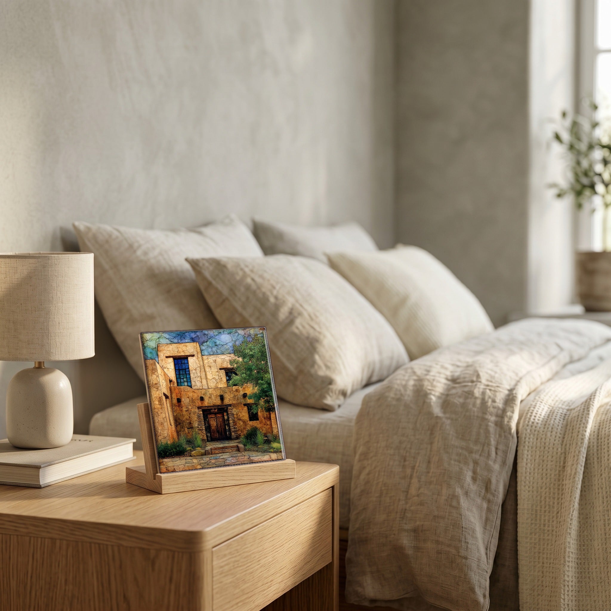 On the nightstand, catching the morning.