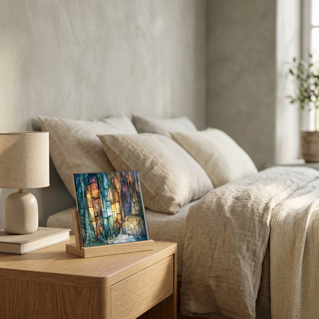 On the nightstand, catching the morning.