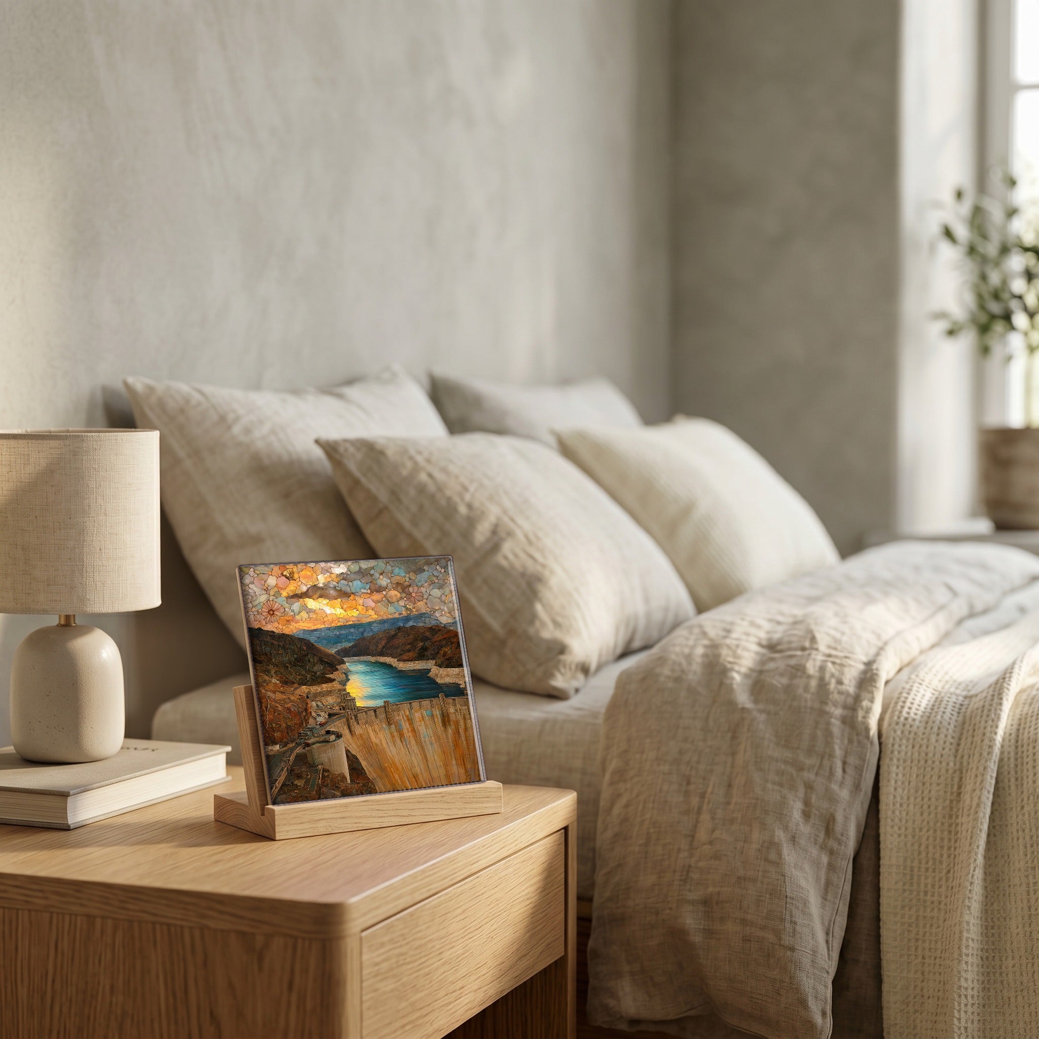 On the nightstand, catching the morning.