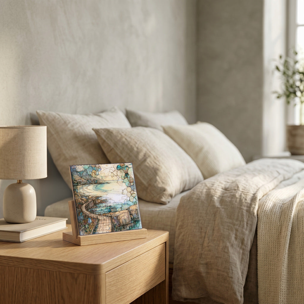 On the nightstand, catching the morning.