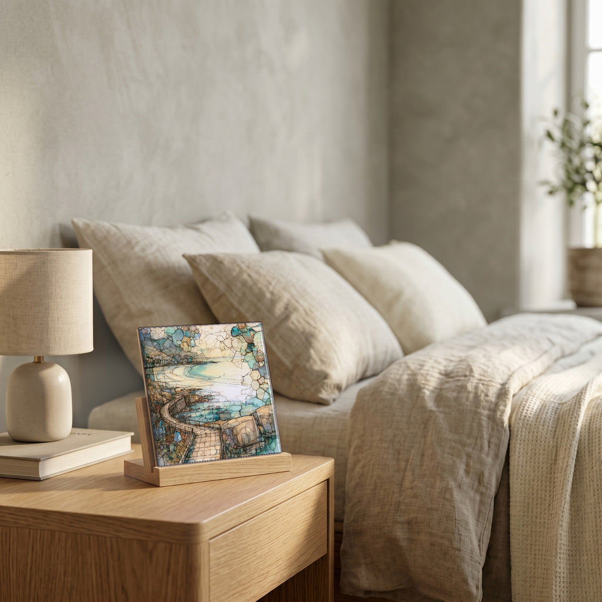 On the nightstand, catching the morning.