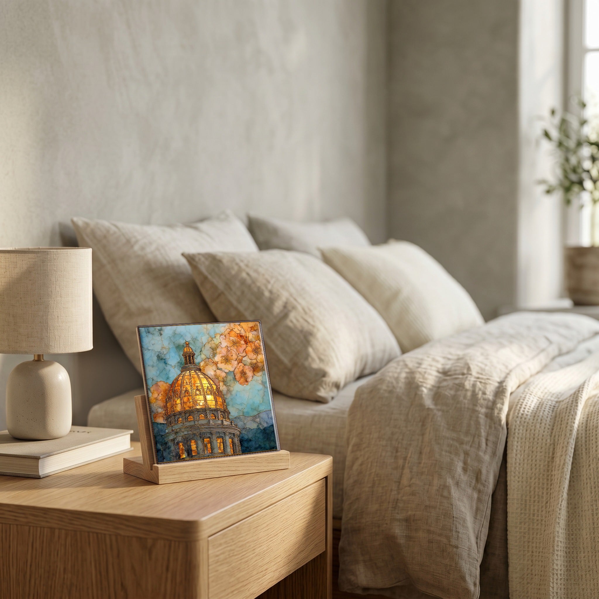 On the nightstand, on a light oak stand.