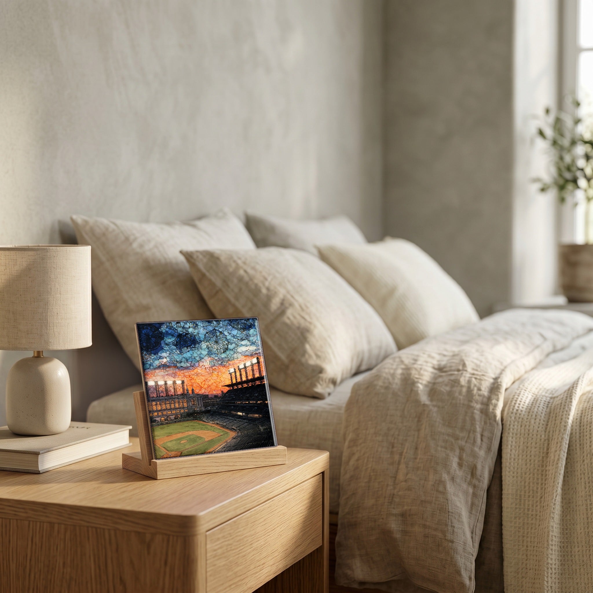 On the nightstand, catching the morning.