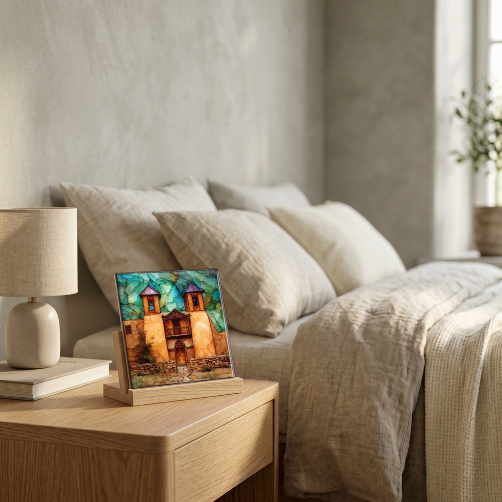 On the nightstand, catching the morning.