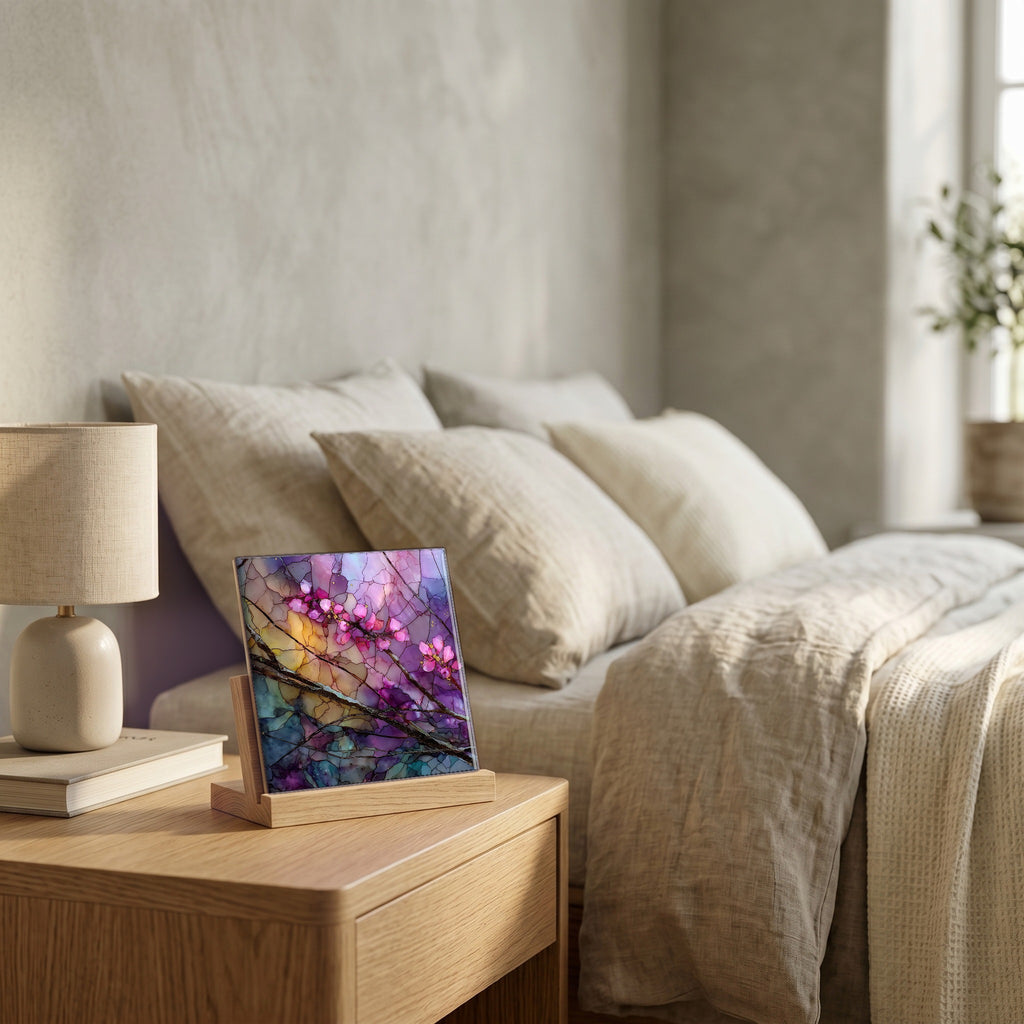 On the nightstand, catching the morning.