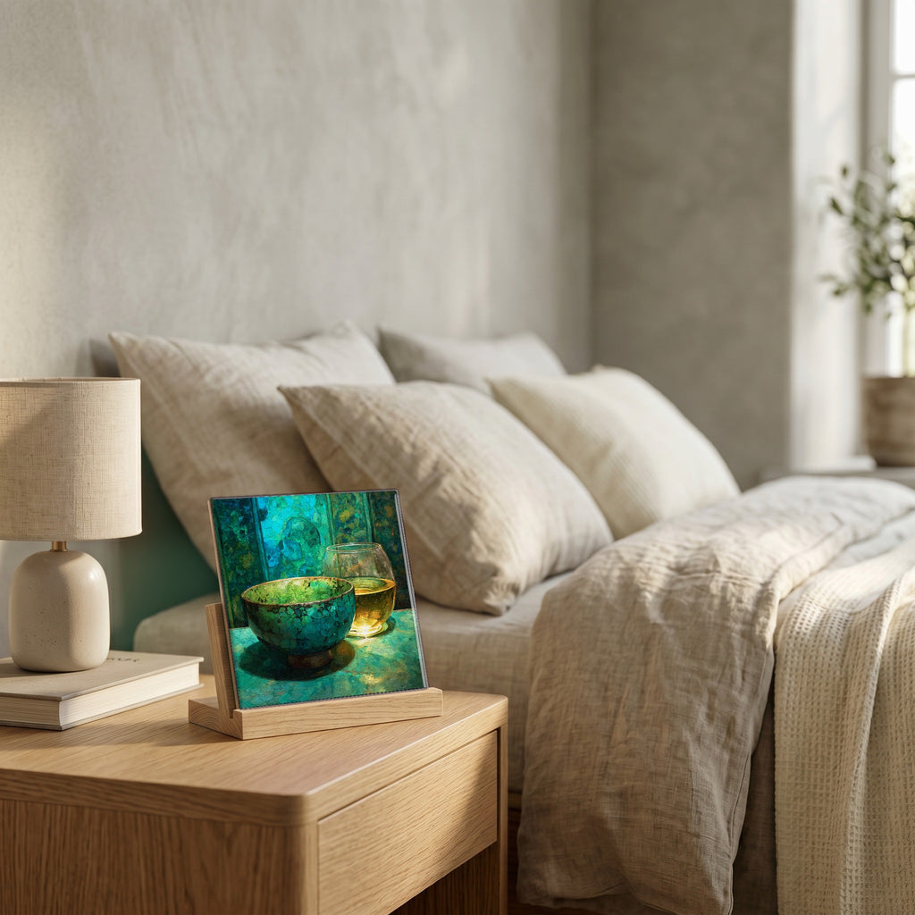 On the nightstand, catching the morning.