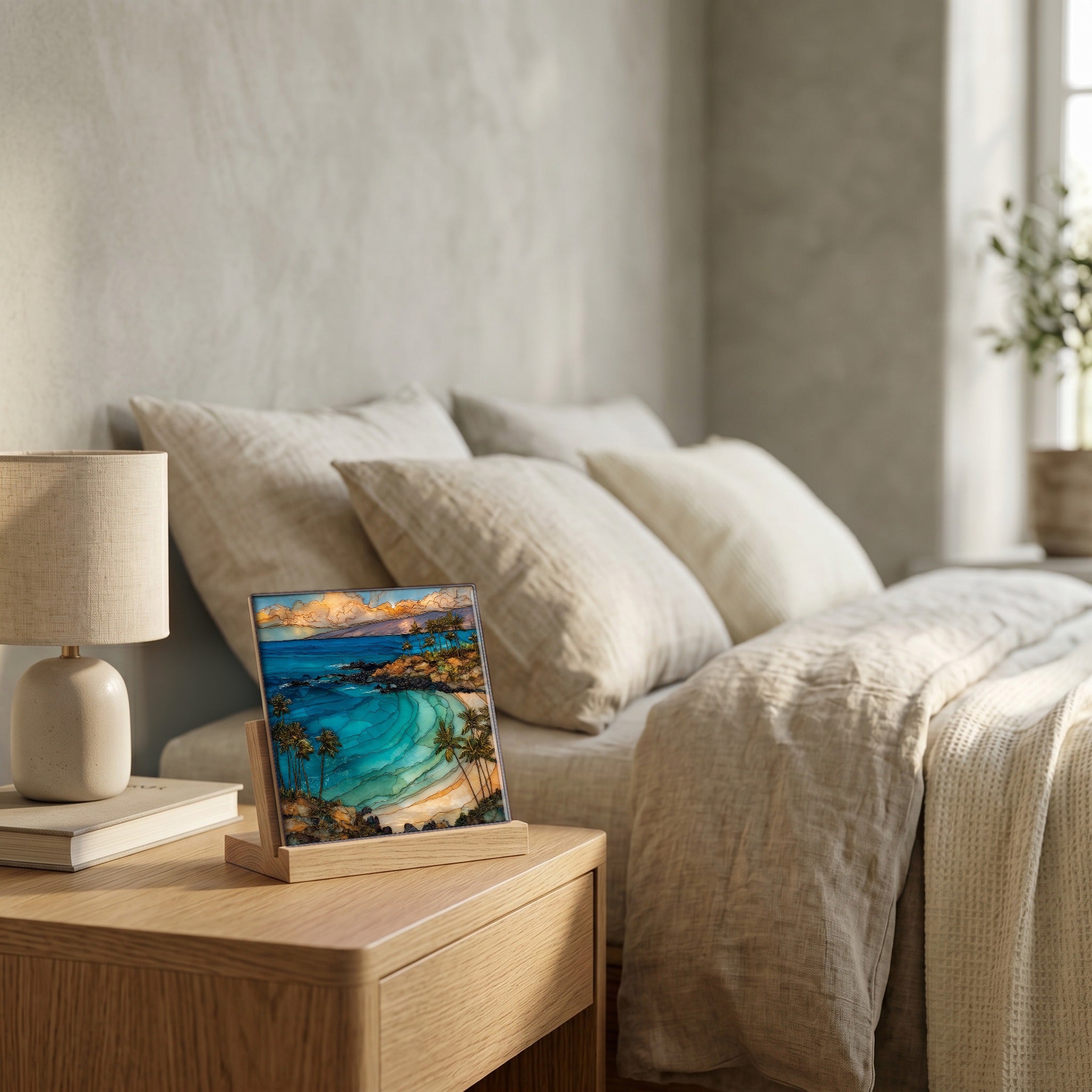 On the nightstand, on a light oak stand.