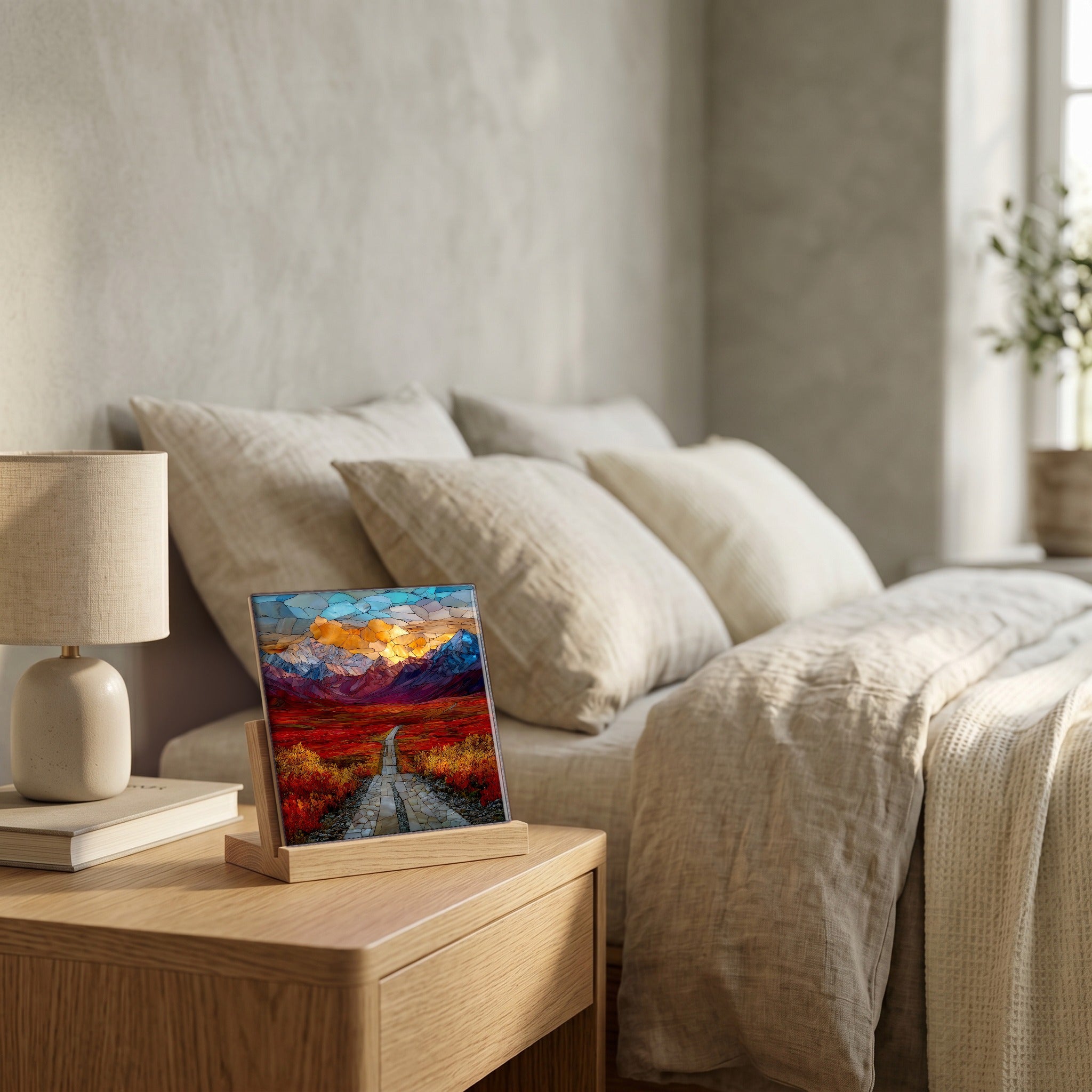 On the nightstand, catching the morning.