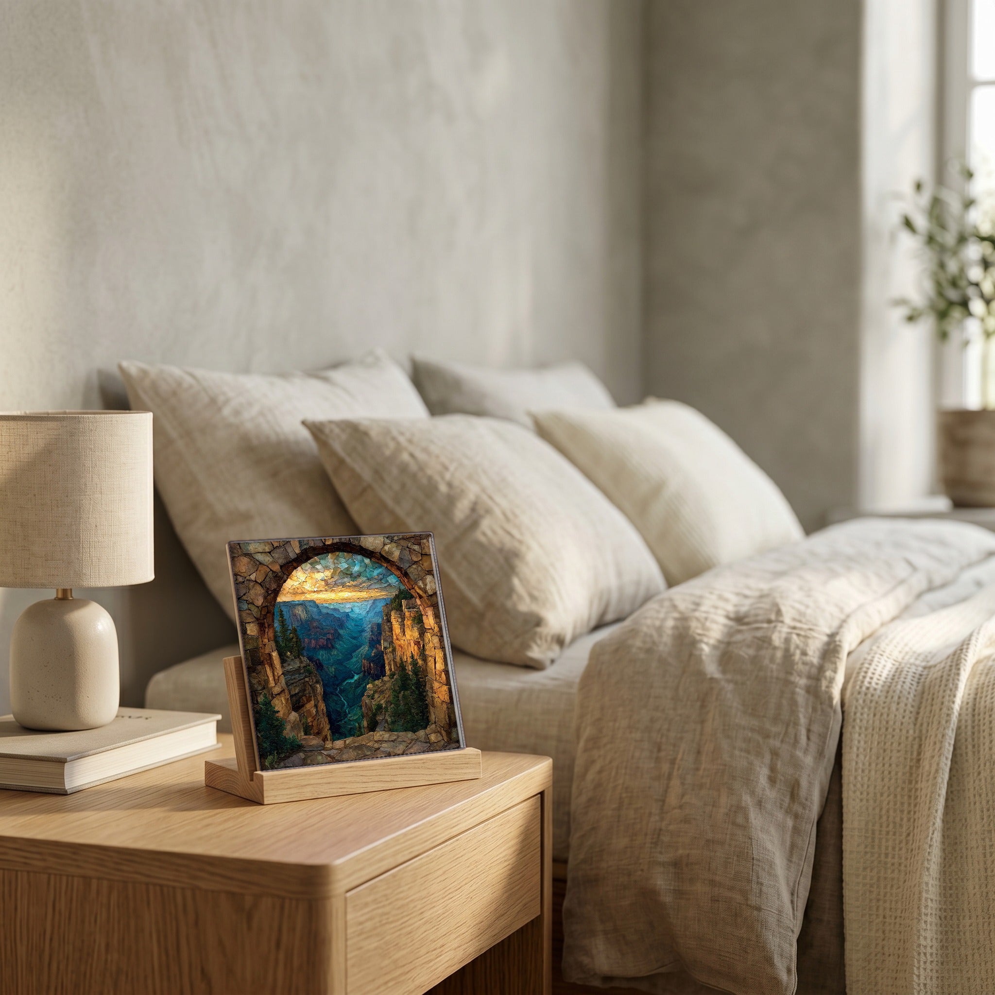 On the nightstand, catching the morning.