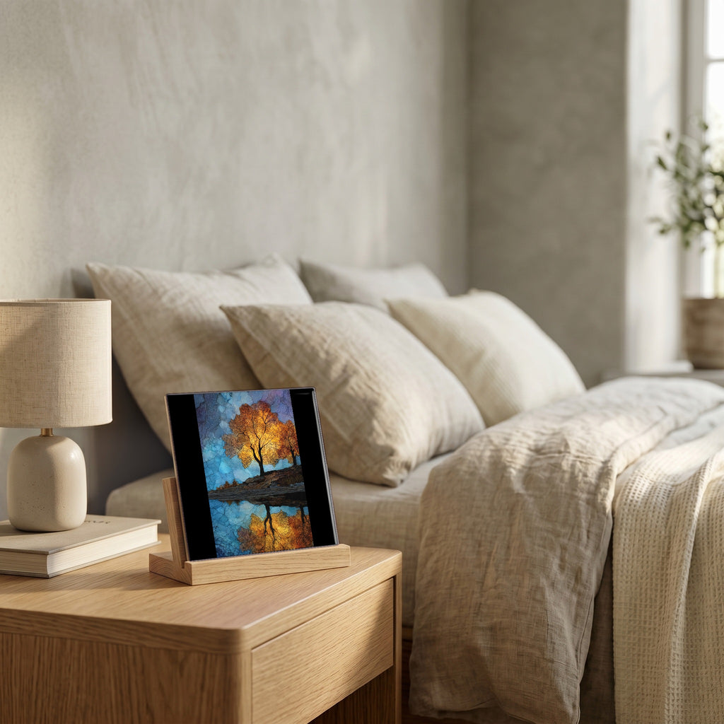 On the nightstand, catching the morning.