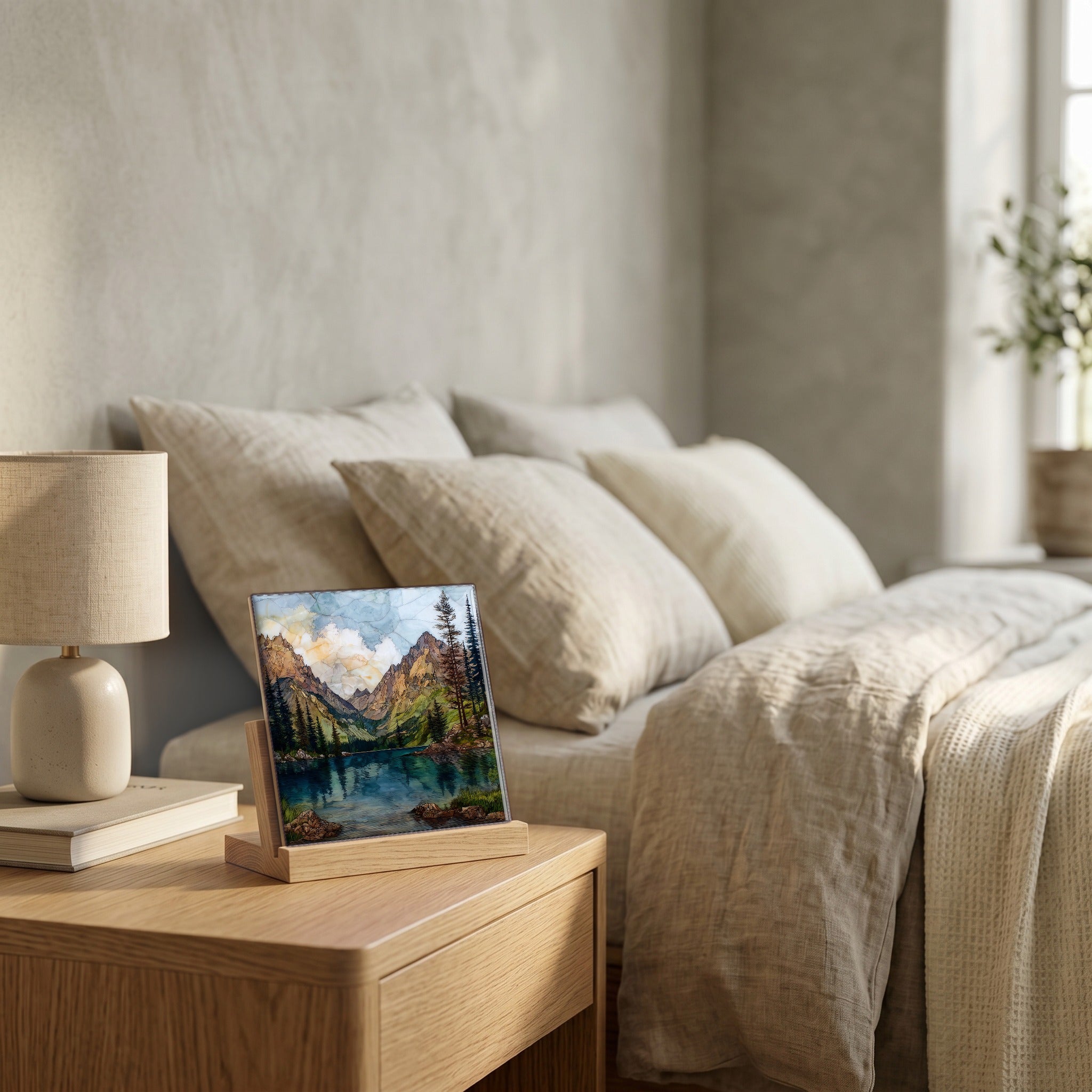 On the nightstand, catching the morning.