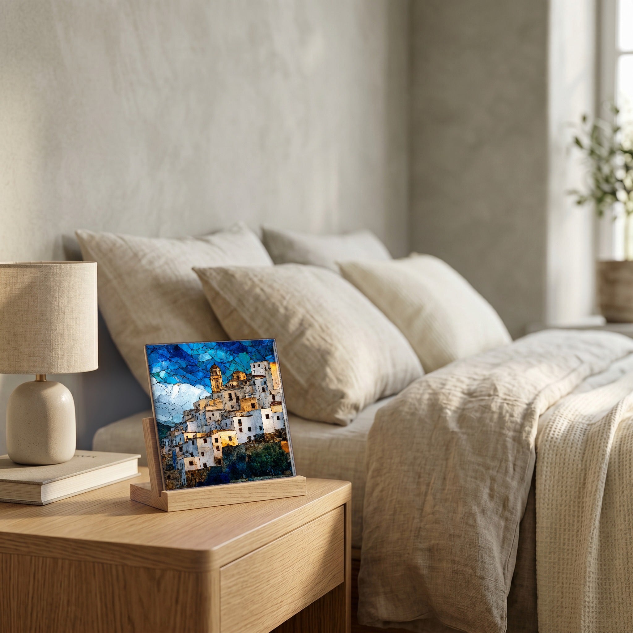 On the nightstand, catching the morning.