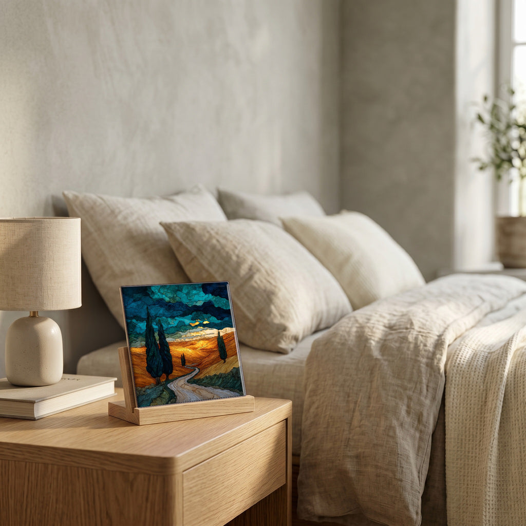 On the nightstand, on a light oak stand.