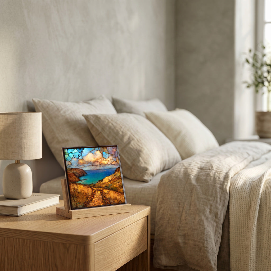 On the nightstand, on a light oak stand.