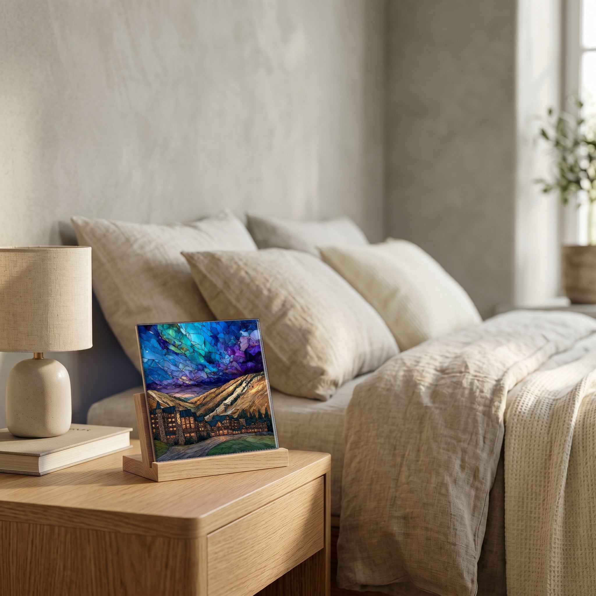 On the nightstand, catching the morning.