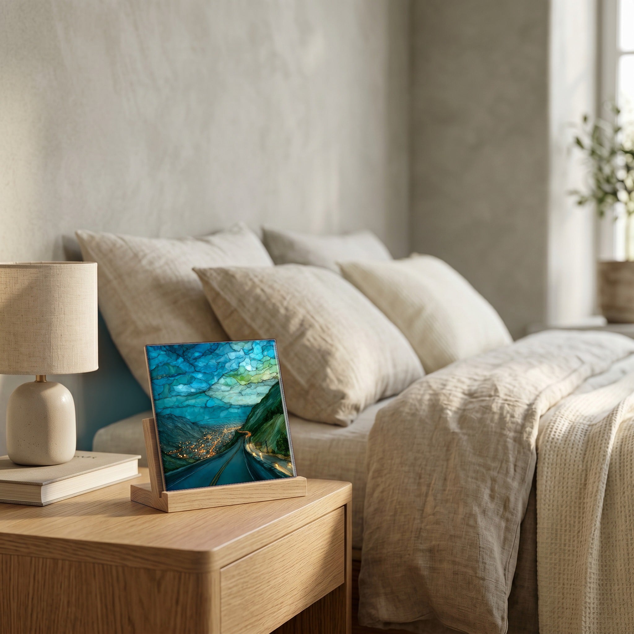 On the nightstand, catching the morning.