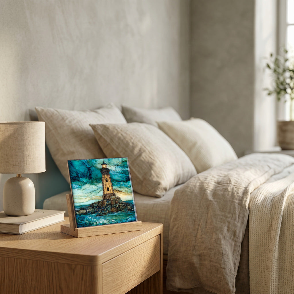 On the nightstand, catching the morning.