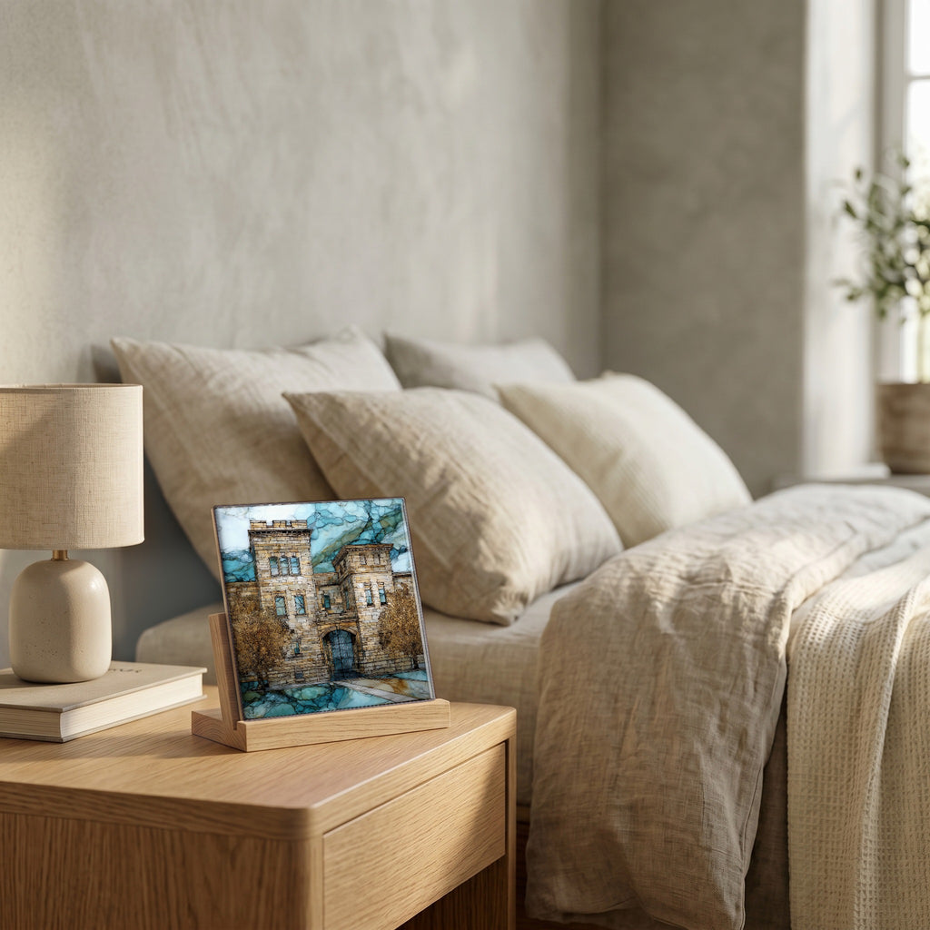 On the nightstand, catching the morning.