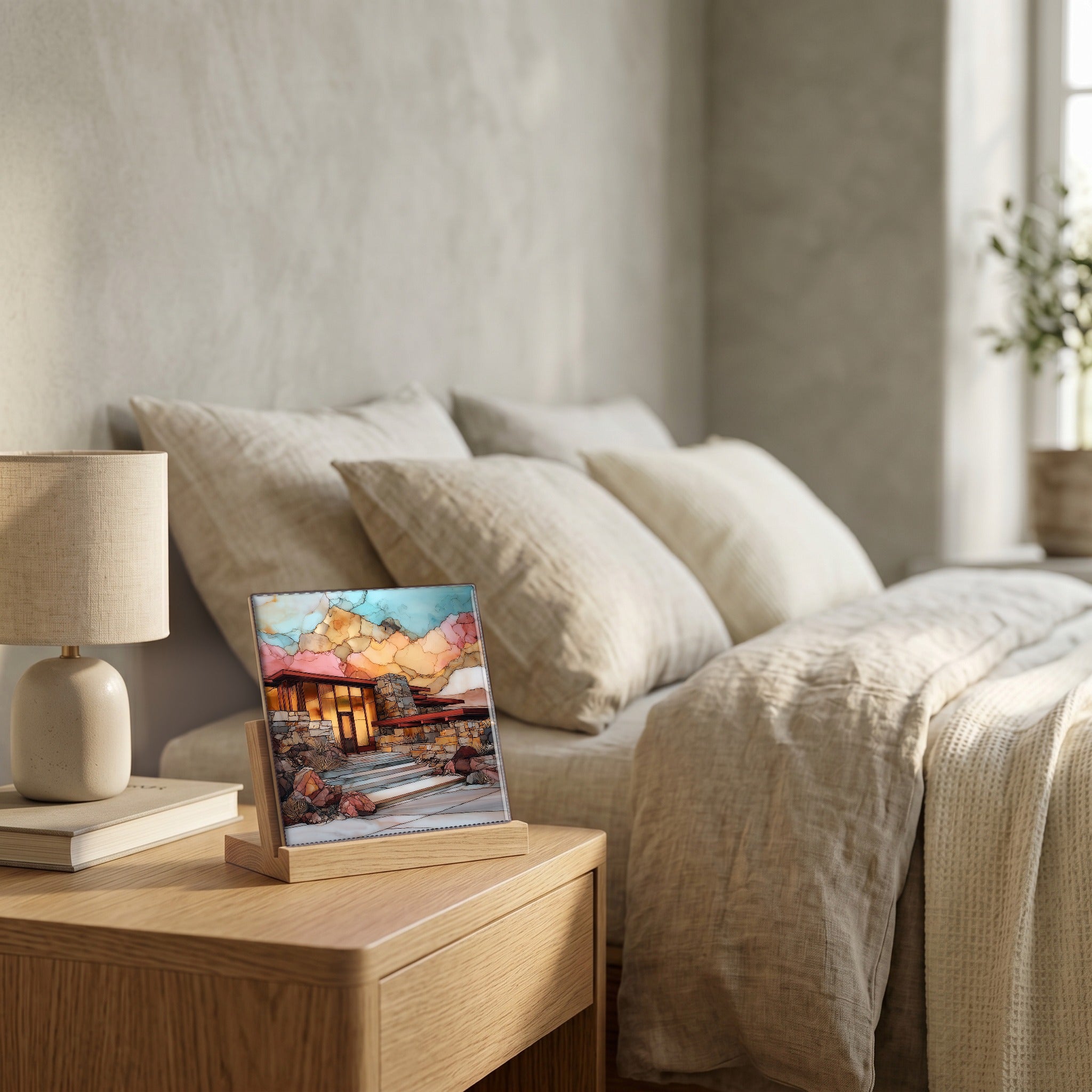 On the nightstand, catching the morning.