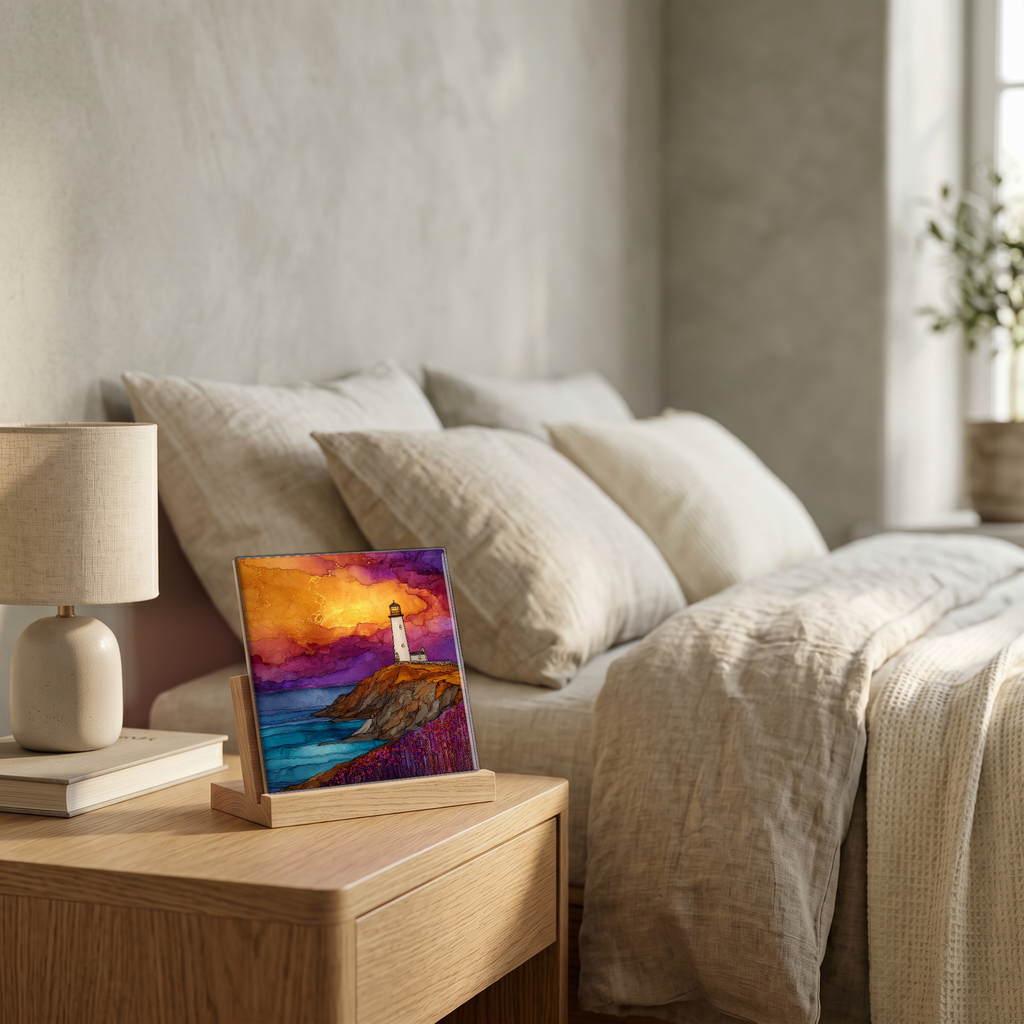 On the nightstand, on a light oak stand.
