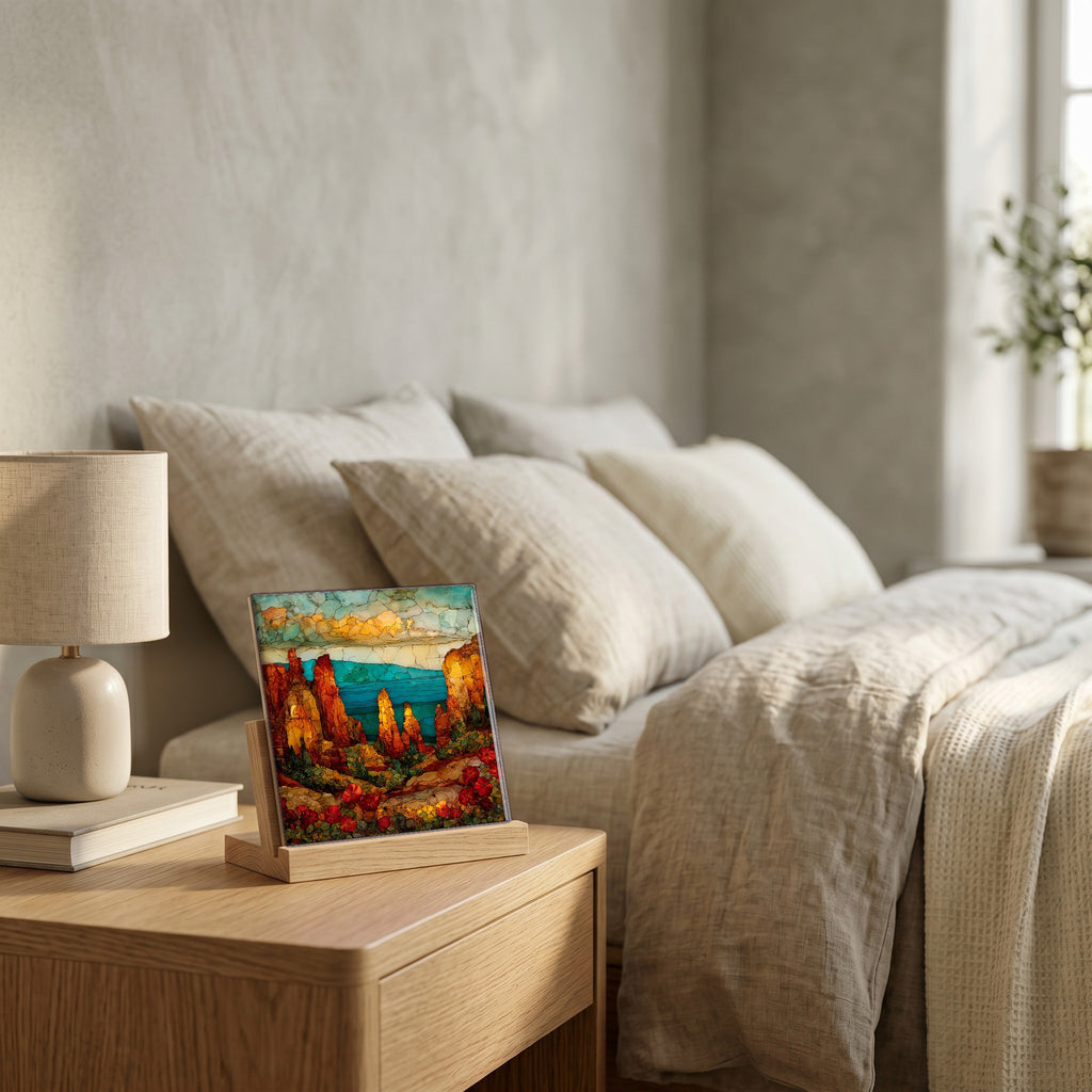 On the nightstand, on a light oak stand.