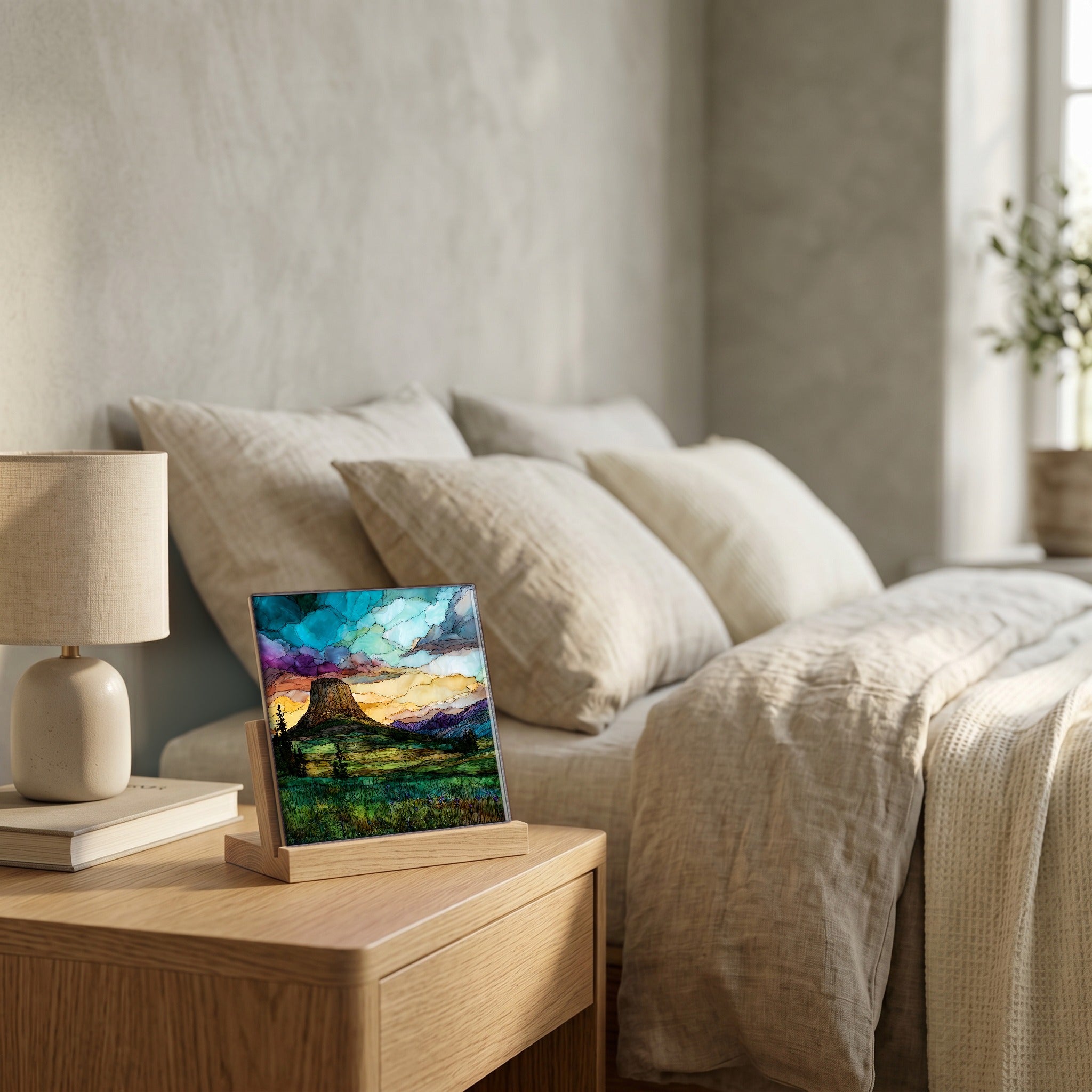 On the nightstand, catching the morning.
