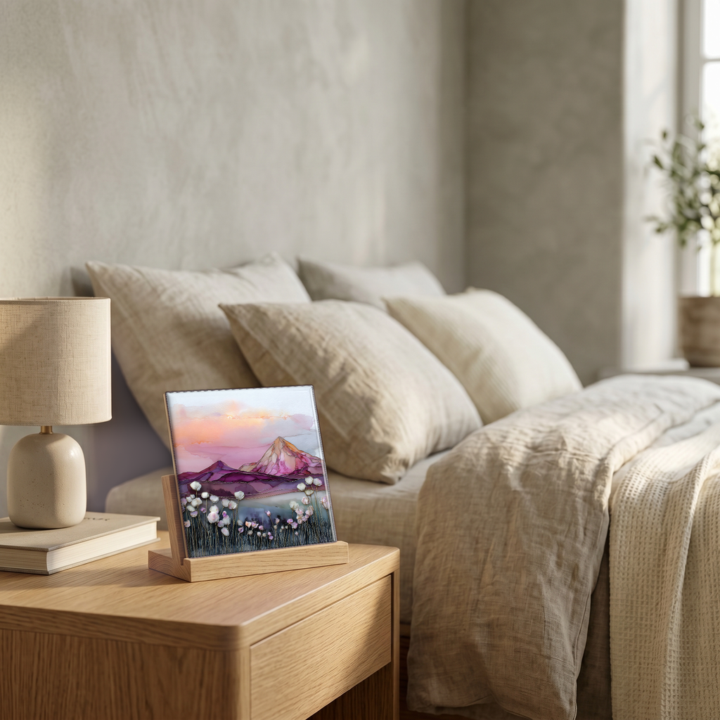 On the nightstand, on a light oak stand.