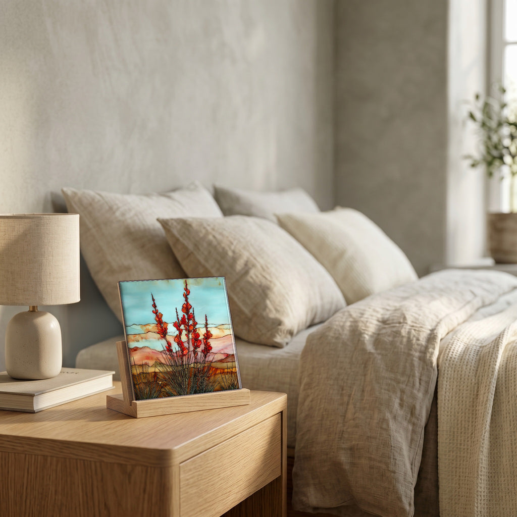 On the nightstand, catching the morning.