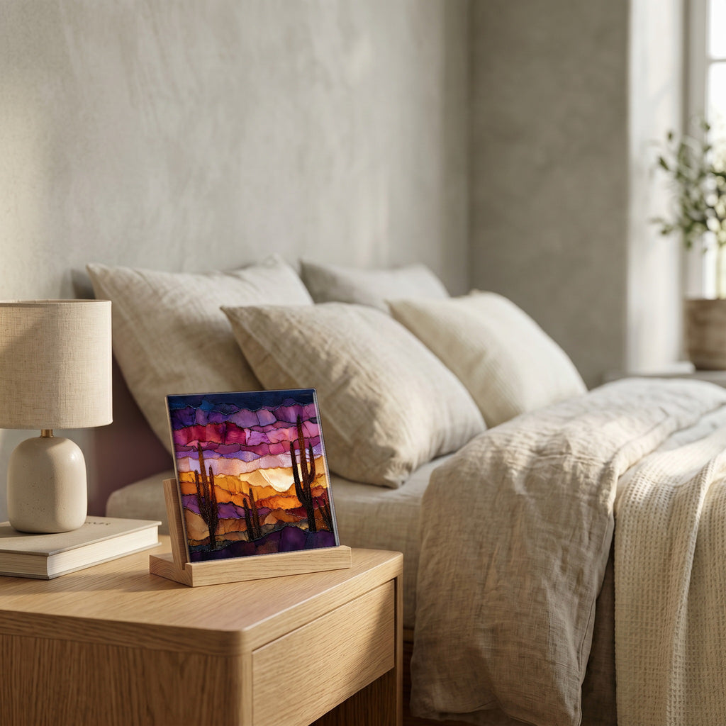 On the nightstand, catching the morning.