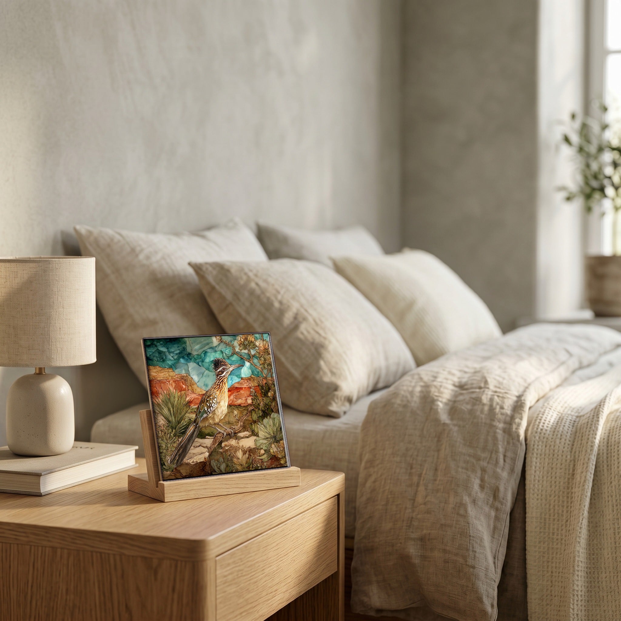 On the nightstand, catching the morning.