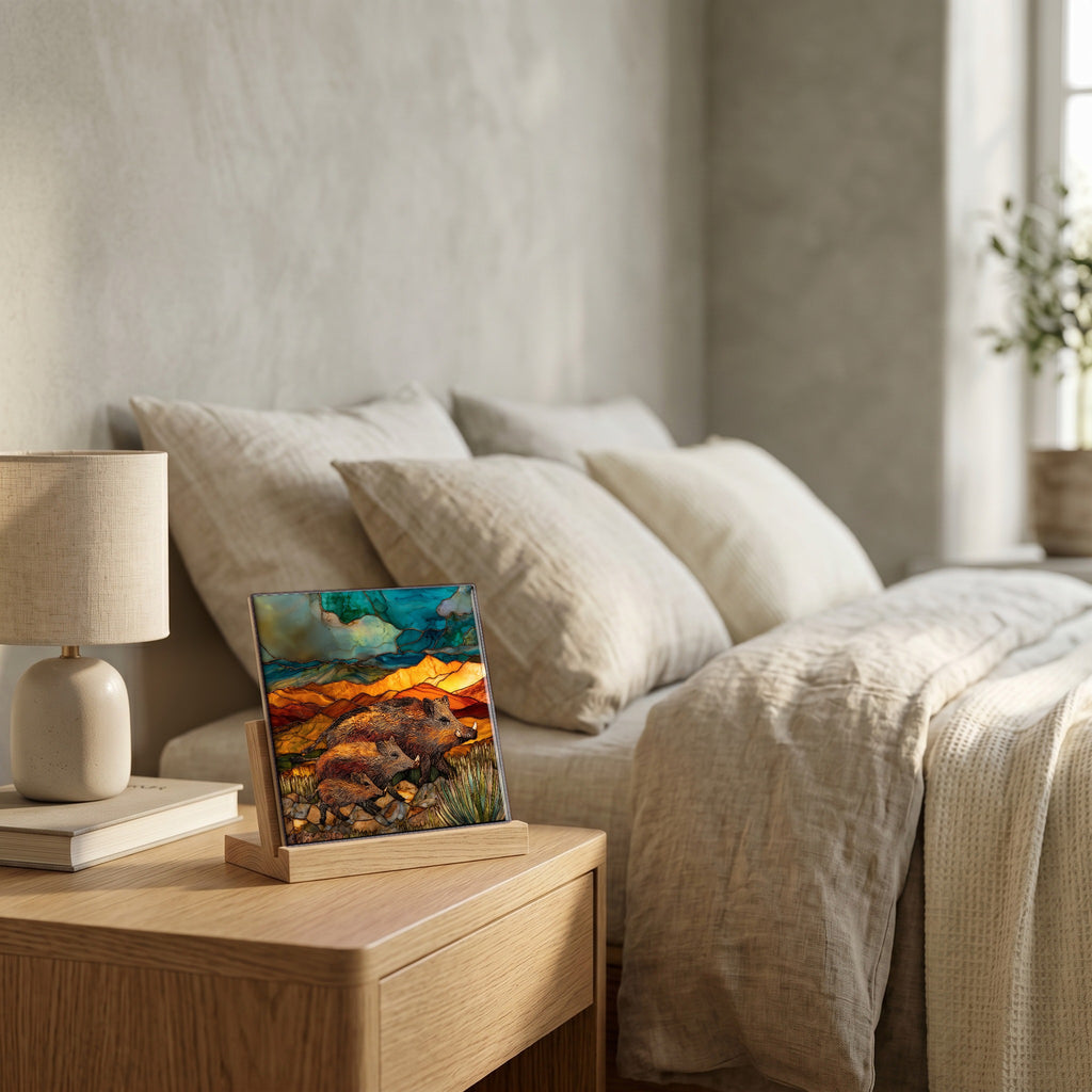 On the nightstand, catching the morning.
