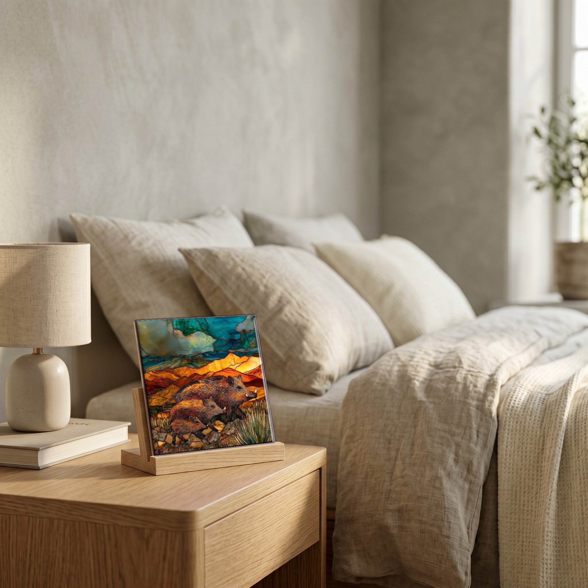 On the nightstand, catching the morning.
