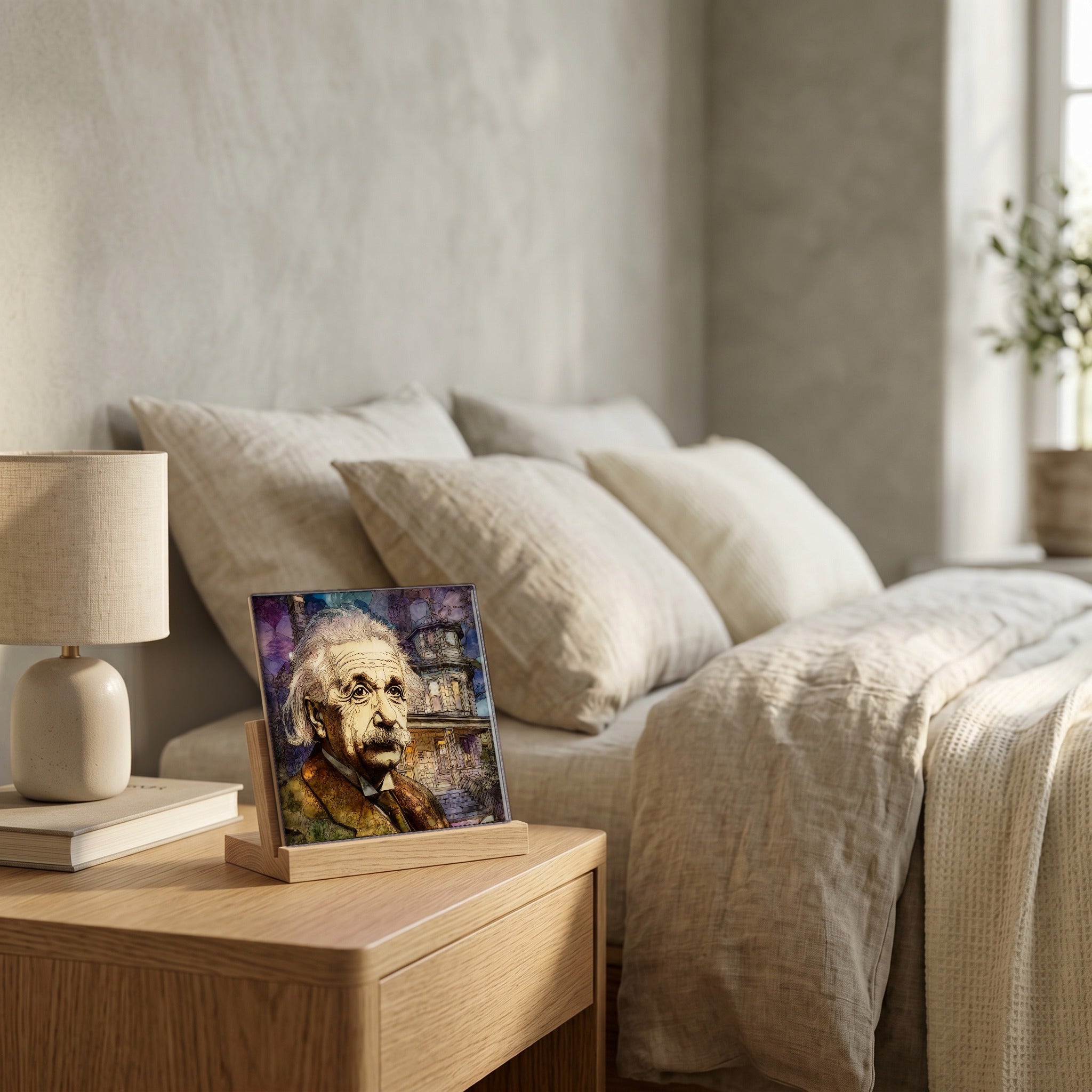 On the nightstand, catching the morning.