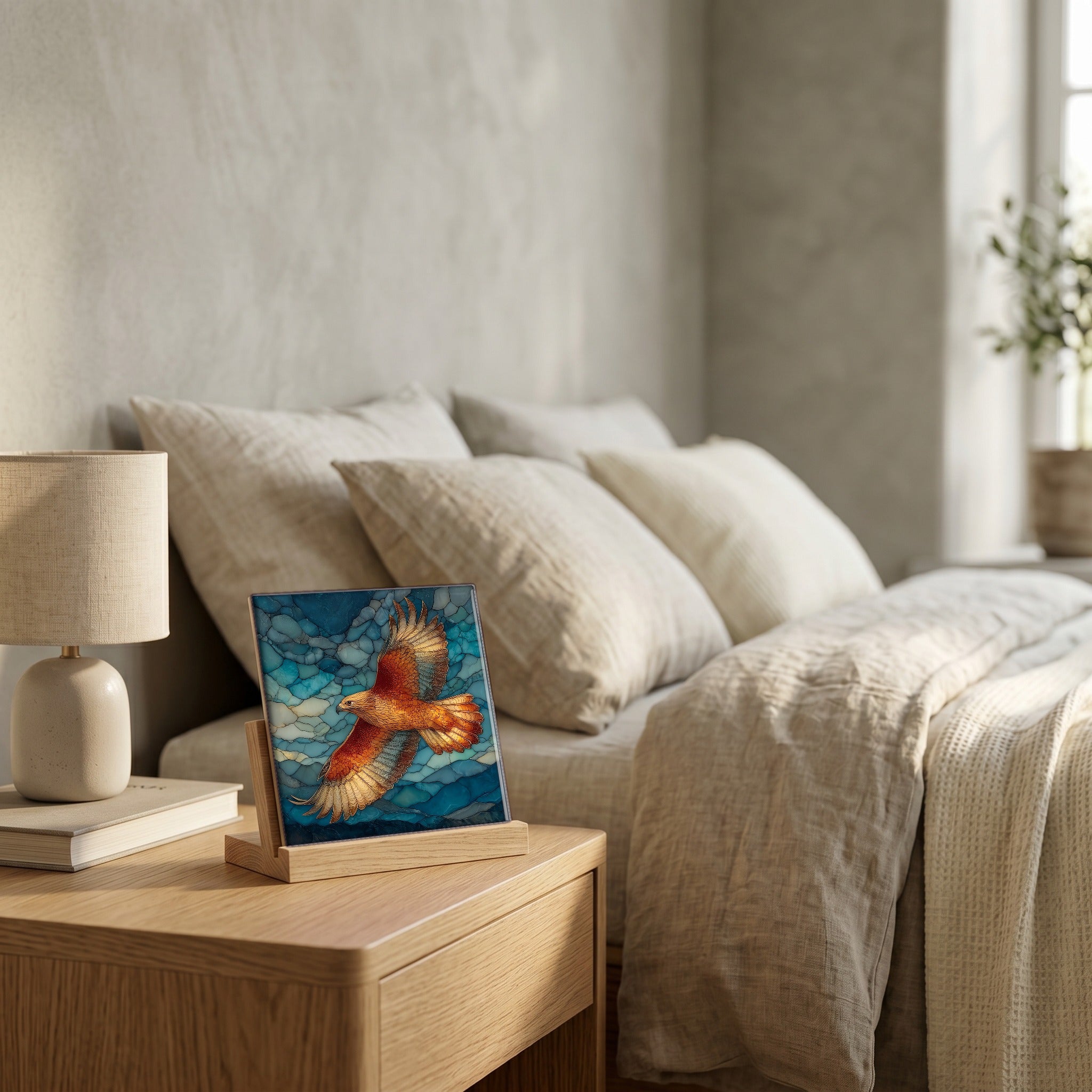 On the nightstand, catching the morning.