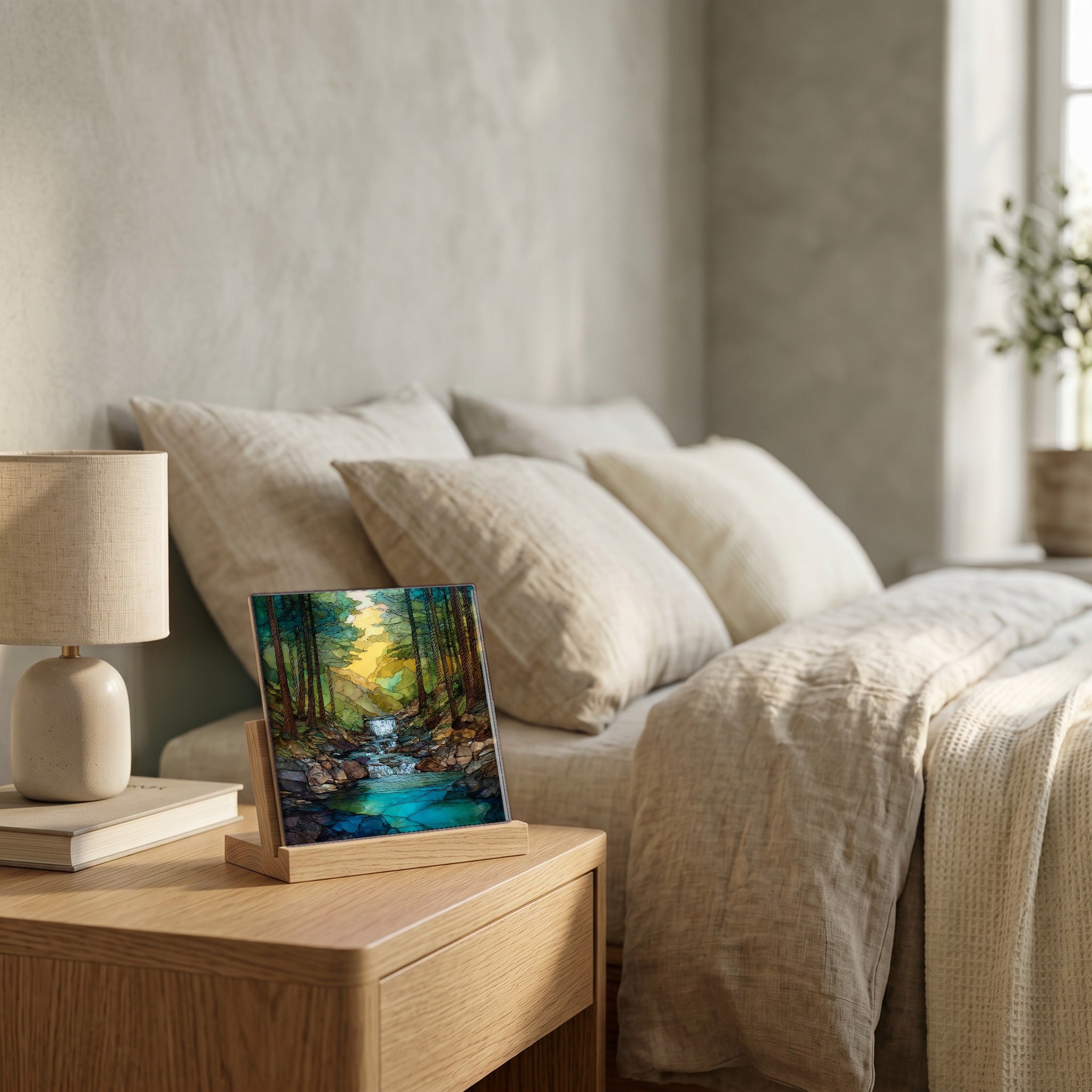 On the nightstand, catching the morning.