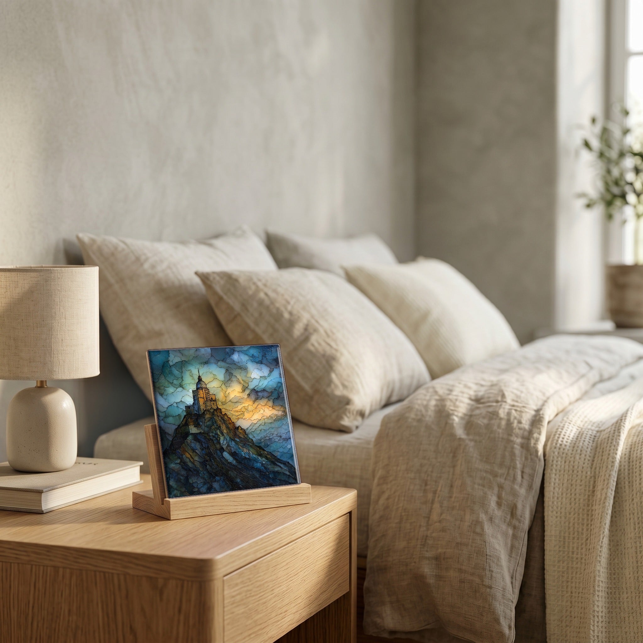 On the nightstand, on a light oak stand.
